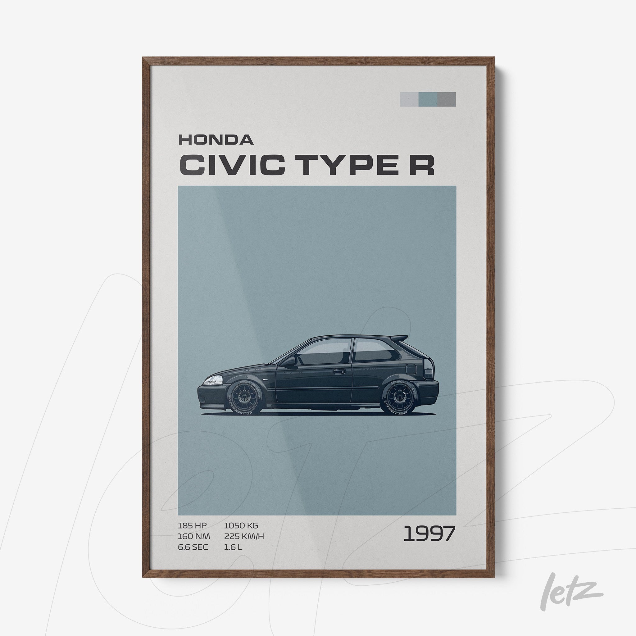 framed illustration of the 1997 Honda Civic Type R with a dark wood frame