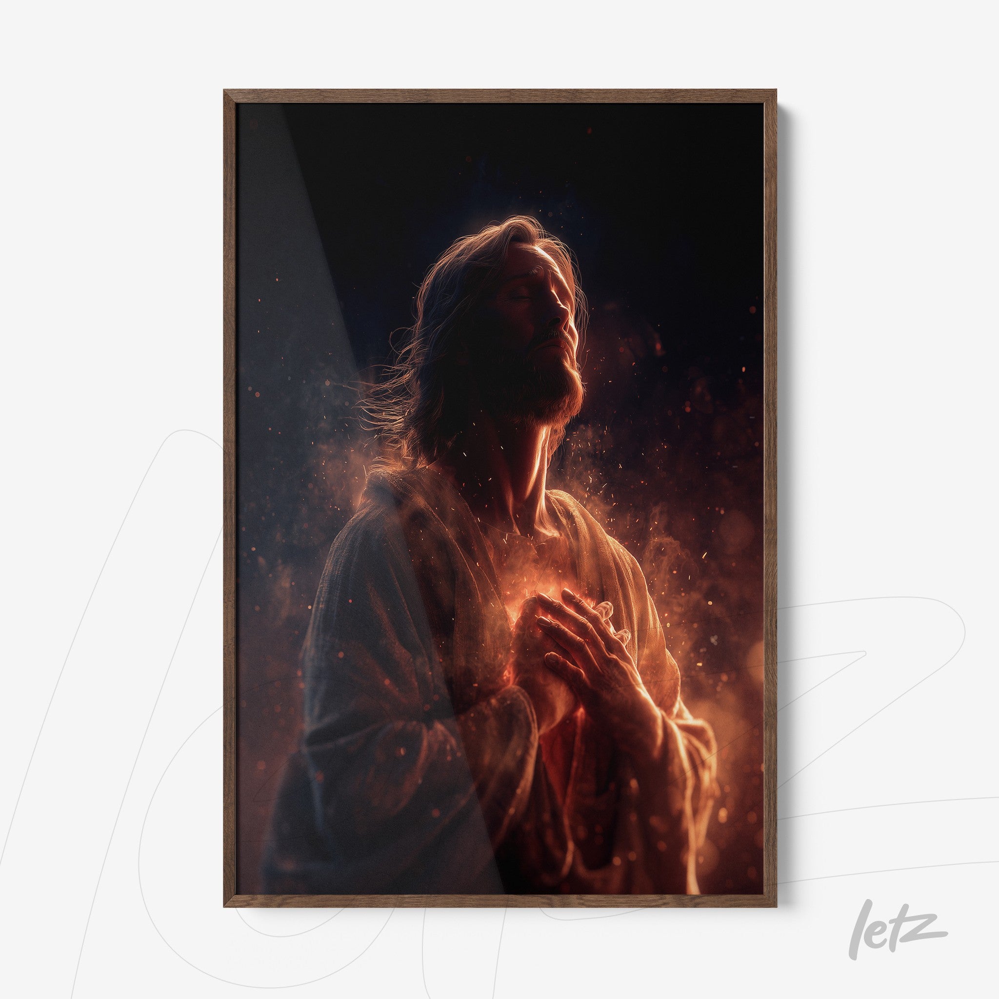 framed artwork featuring digital illustration of Jesus with warm colors and ethereal background