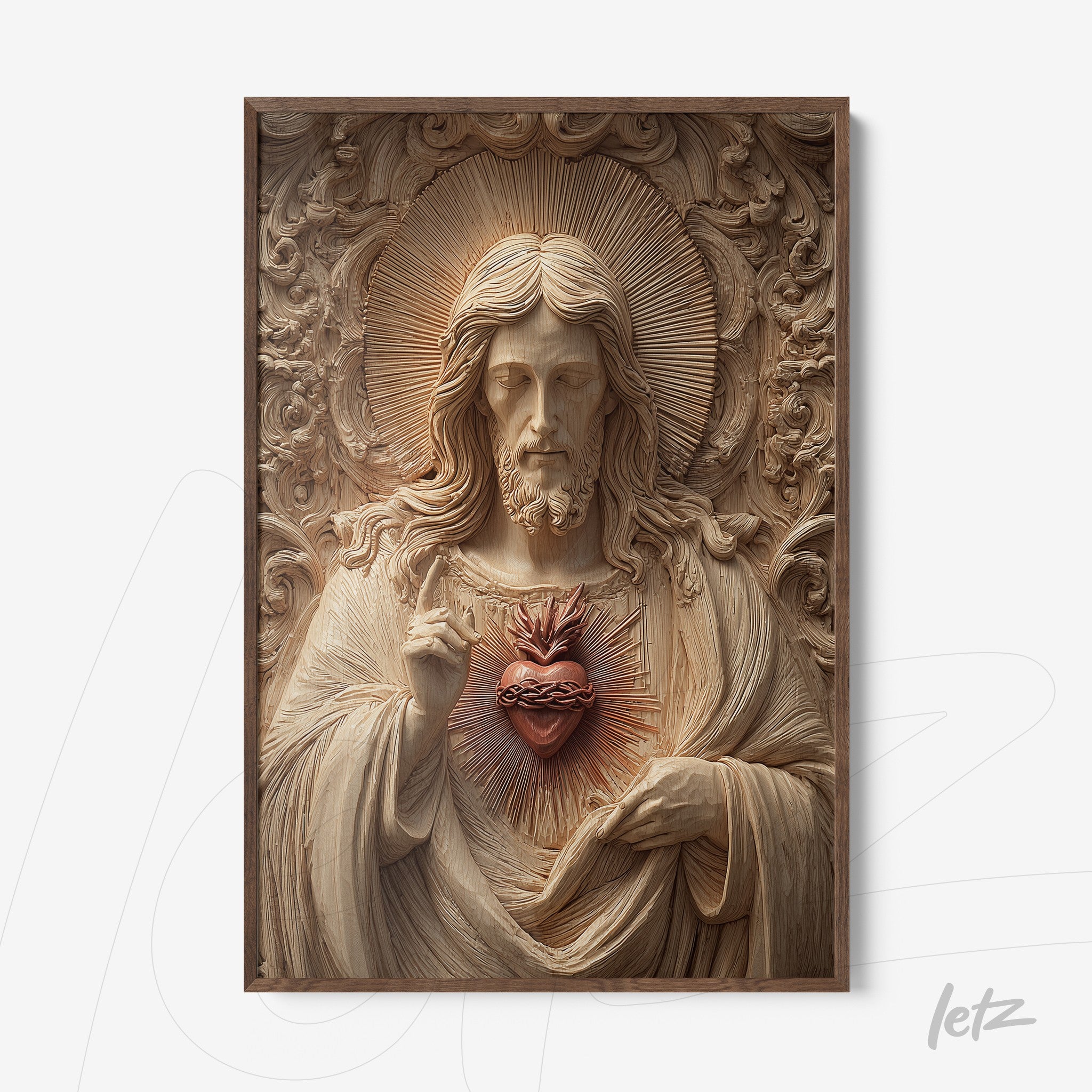 religious wall art featuring a carved sculpture of Christ with a sacred heart in dark brown frame