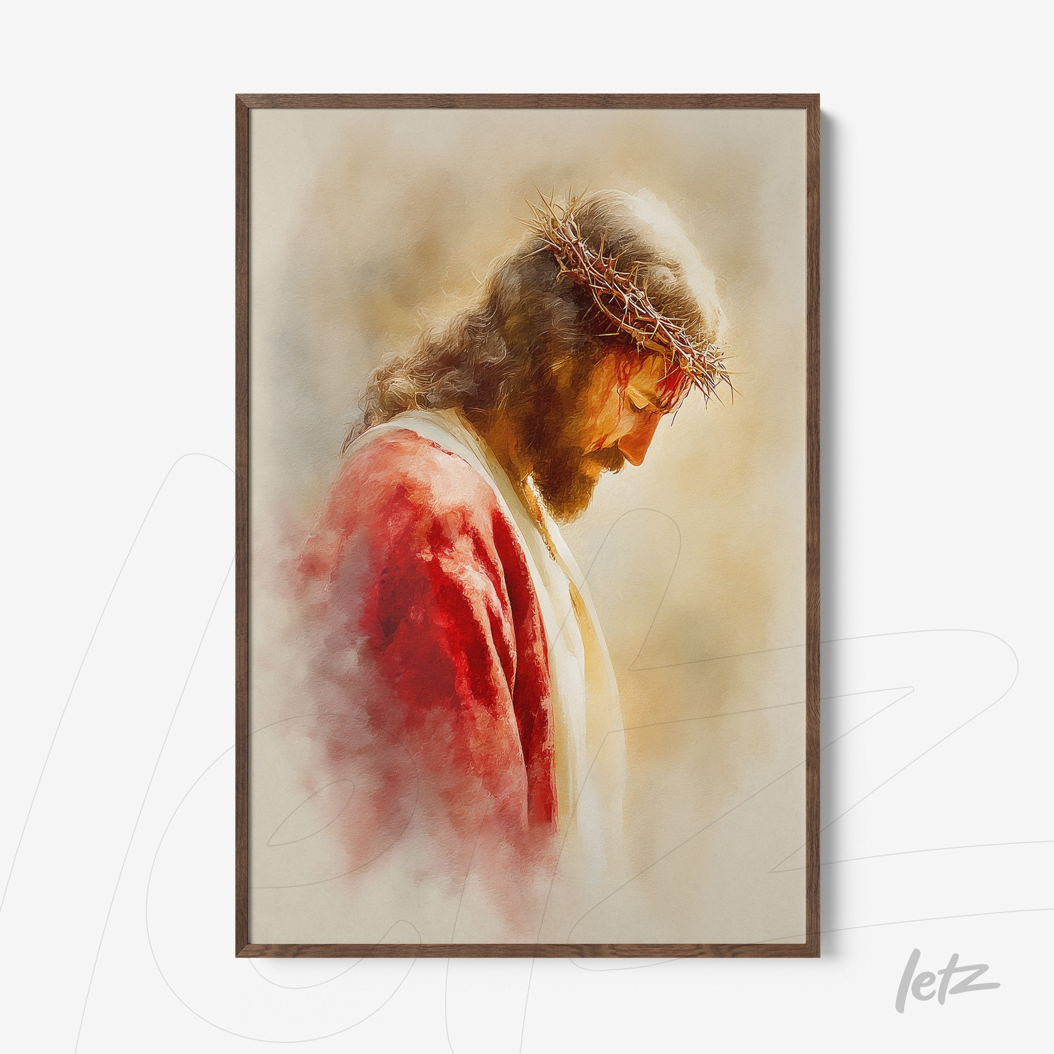 framed wall art featuring a portrait of Jesus Christ in artistic style with soft lighting and light wood frame