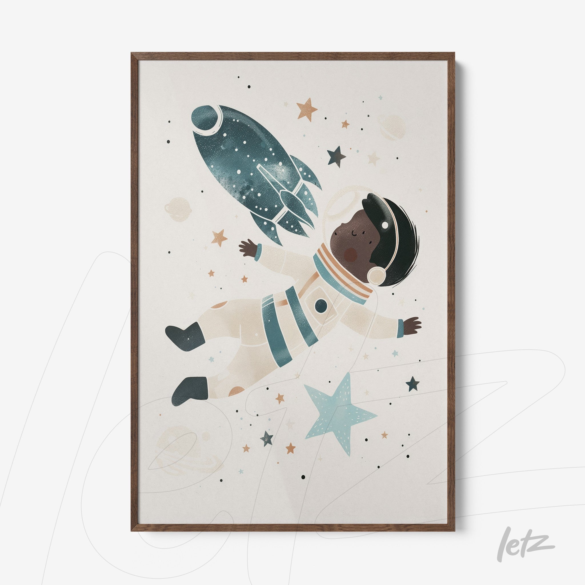 framed artwork featuring a black child astronaut floating in space with a rocket and stars