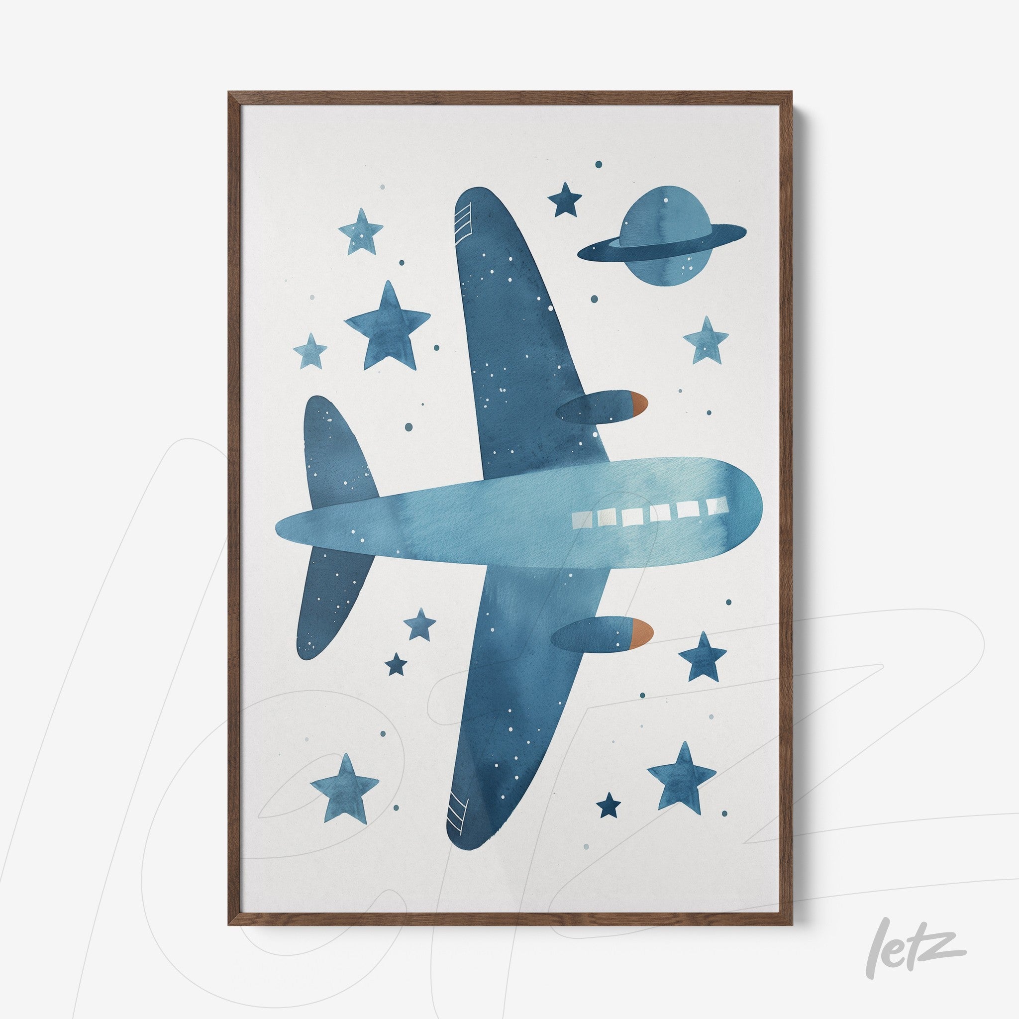 framed wall art featuring a blue airplane illustration against a backdrop of stars and a planet
