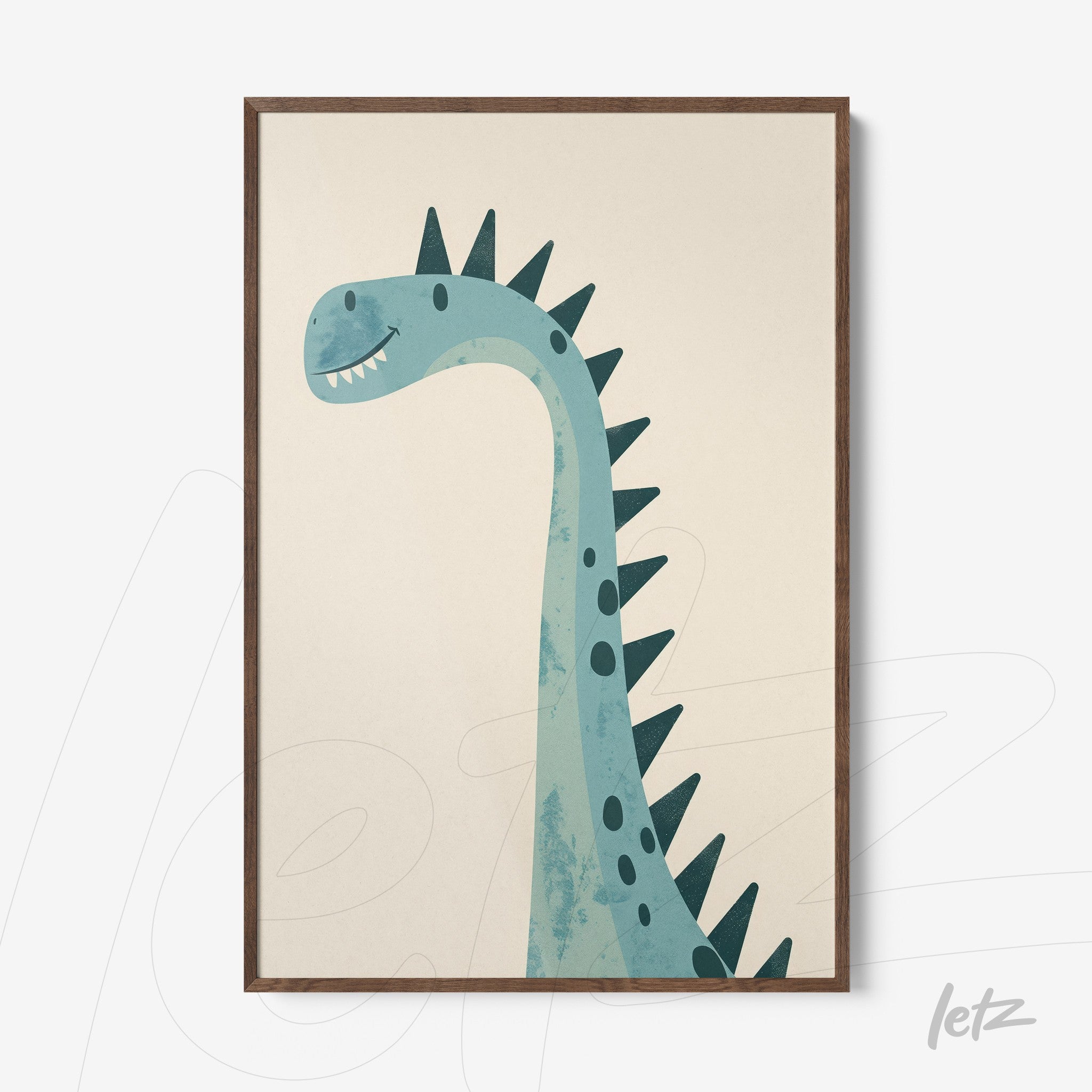 framed digital art featuring a long-necked dinosaur with spikes on a light background