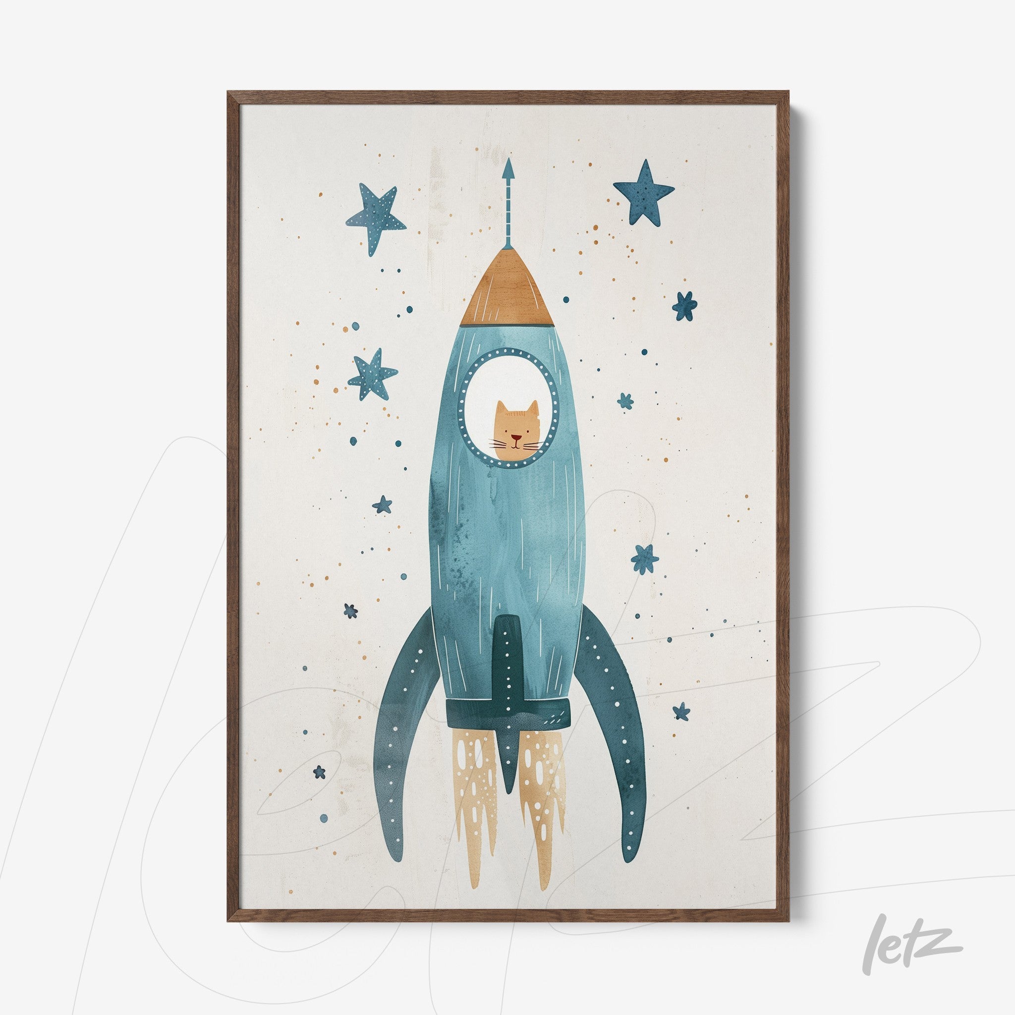 framed illustration of a fun blue rocket with a cat inside, surrounded by stars on a light background, dark wood frame