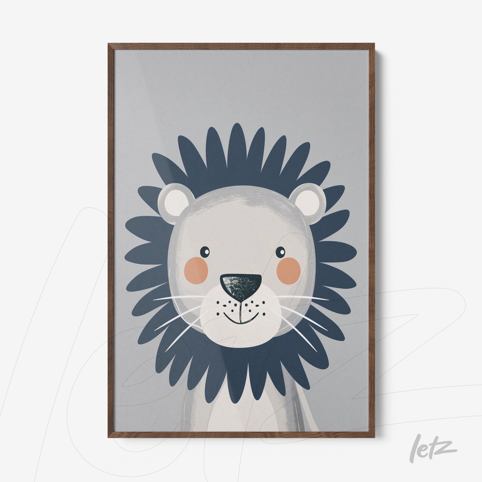framed artwork featuring a friendly lion illustration on gray background with dark wood frame