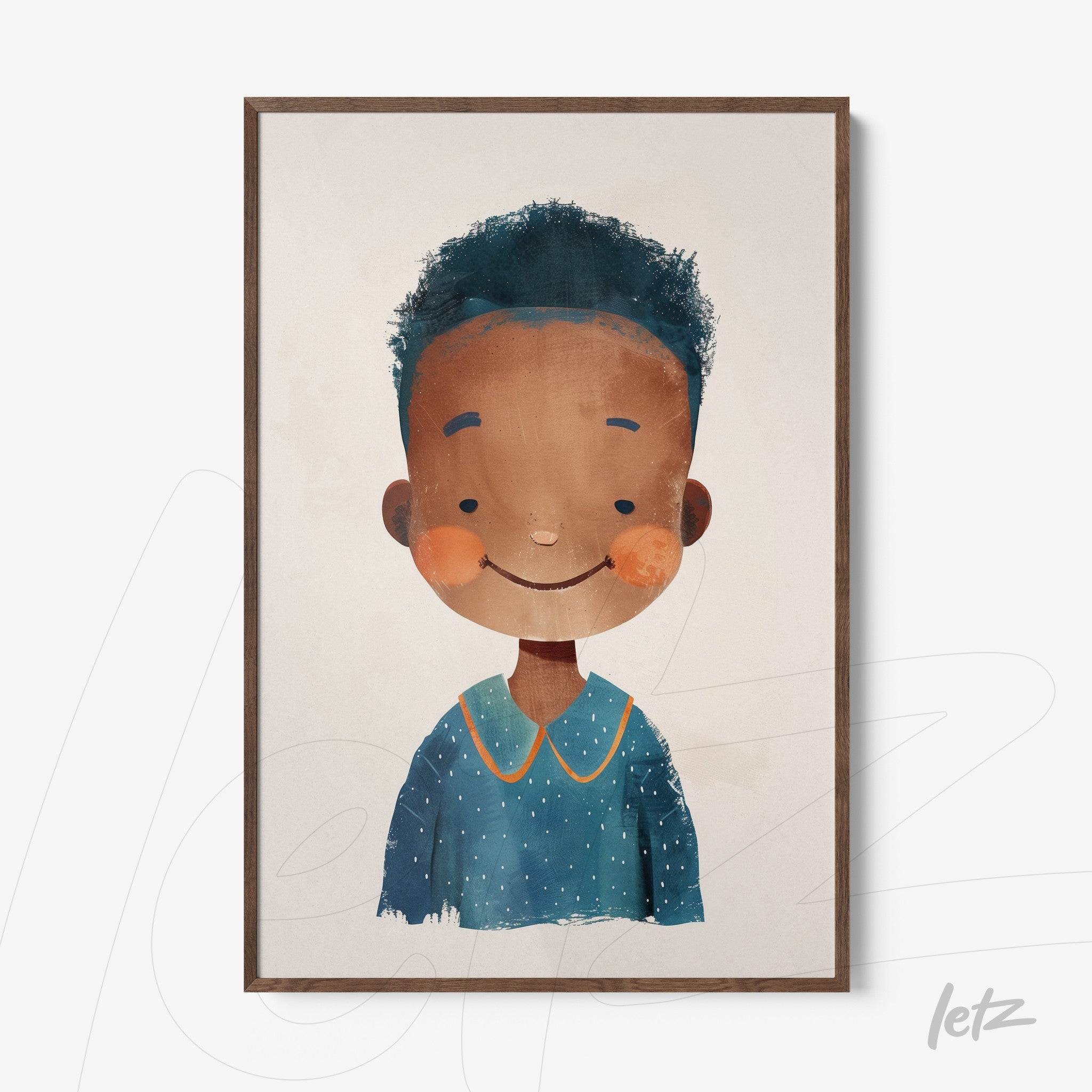 colorful portrait of a smiling boy with black hair and a light blue shirt in a dark wooden frame