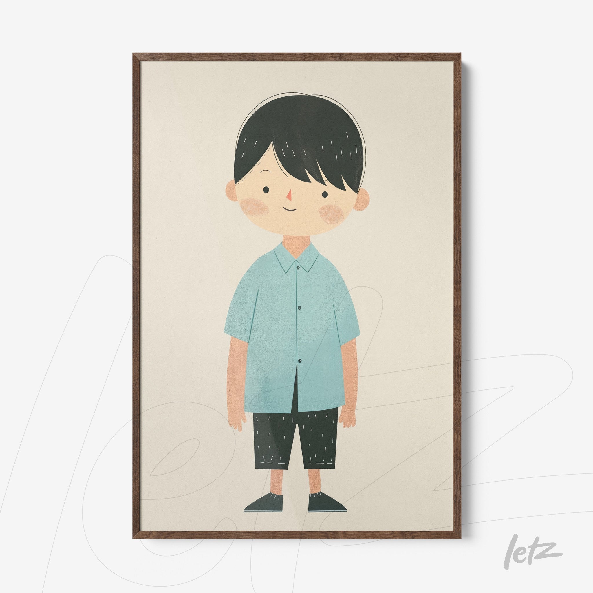 framed illustration of a smiling boy wearing a blue shirt and dark pants with a dark wooden frame
