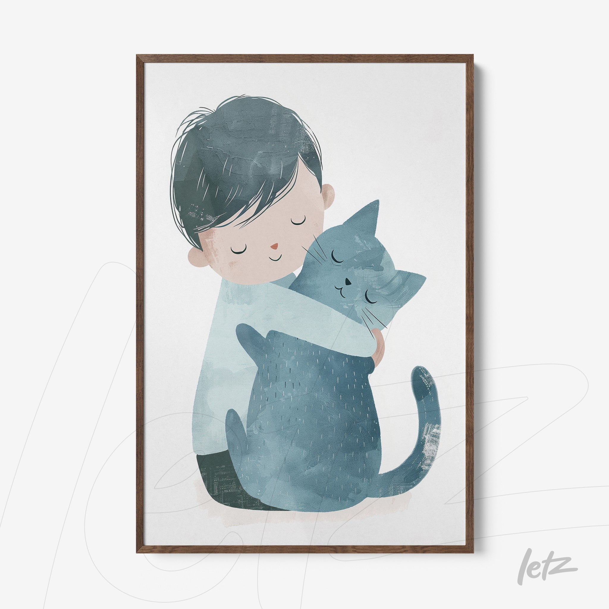 framed artwork of a boy hugging a blue cat with a light wood frame