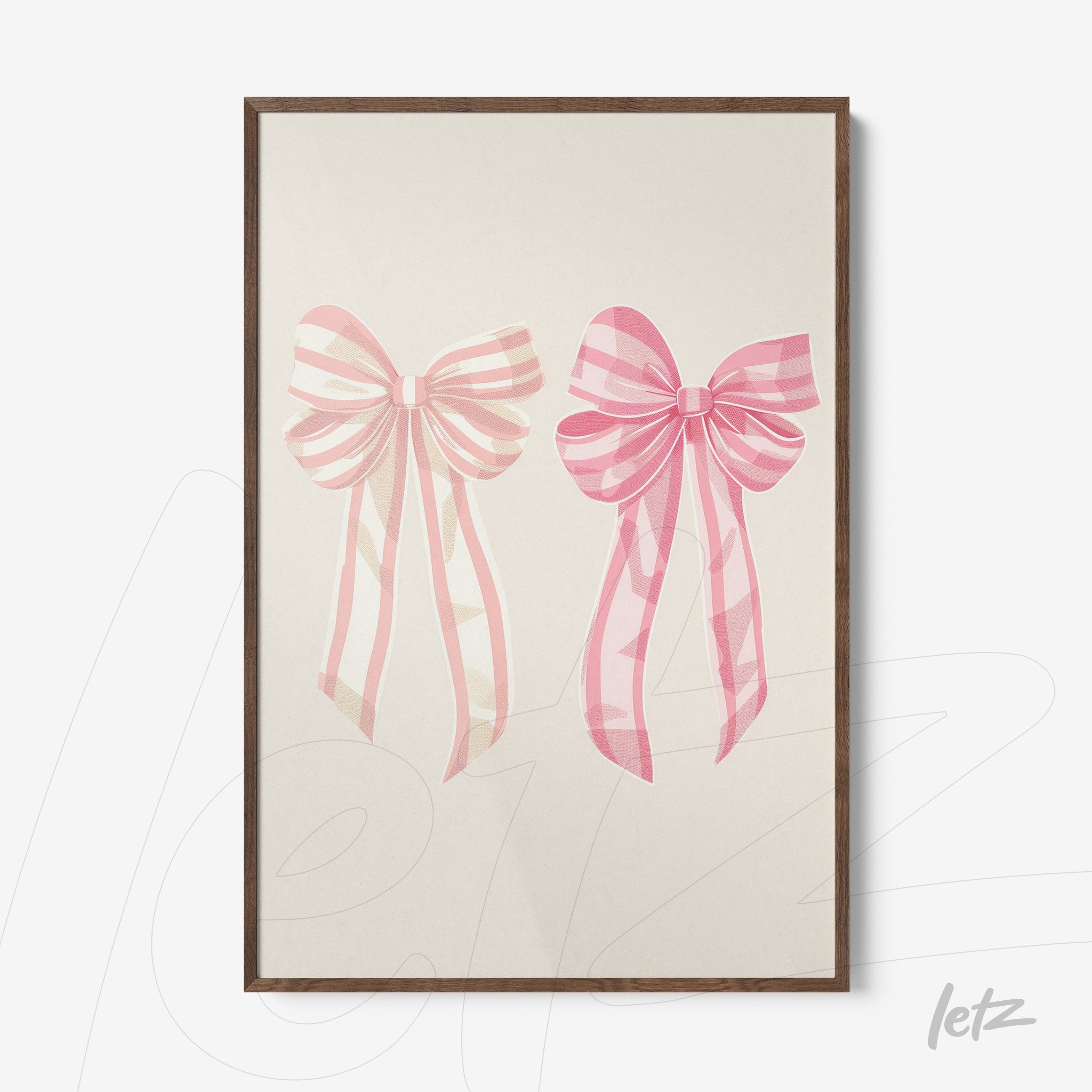 framed artwork featuring pink bow illustrations with dark wood frame