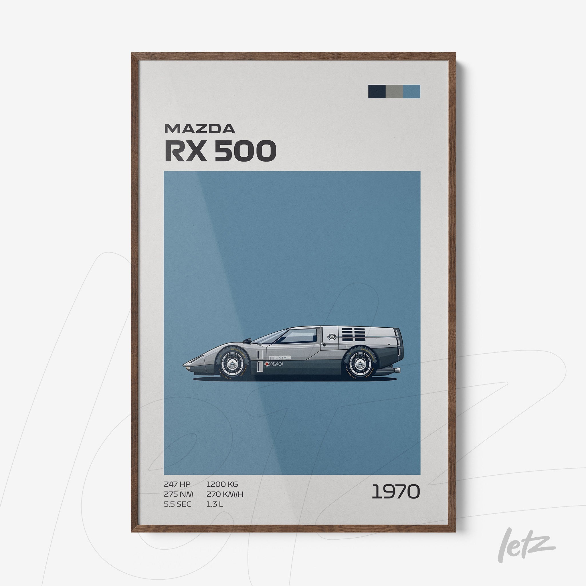 framed wall art featuring an illustration of Mazda RX 500 car with dark wood frame and blue background