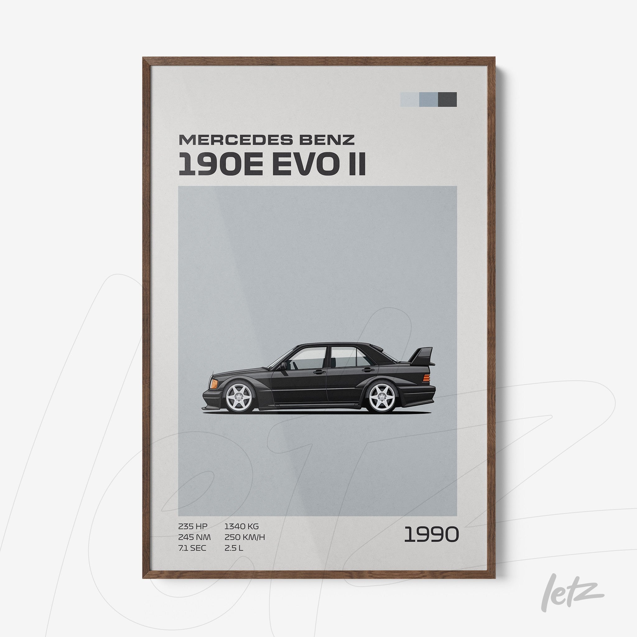 framed artwork featuring the Mercedes Benz 190E EVO II car in a light brown frame