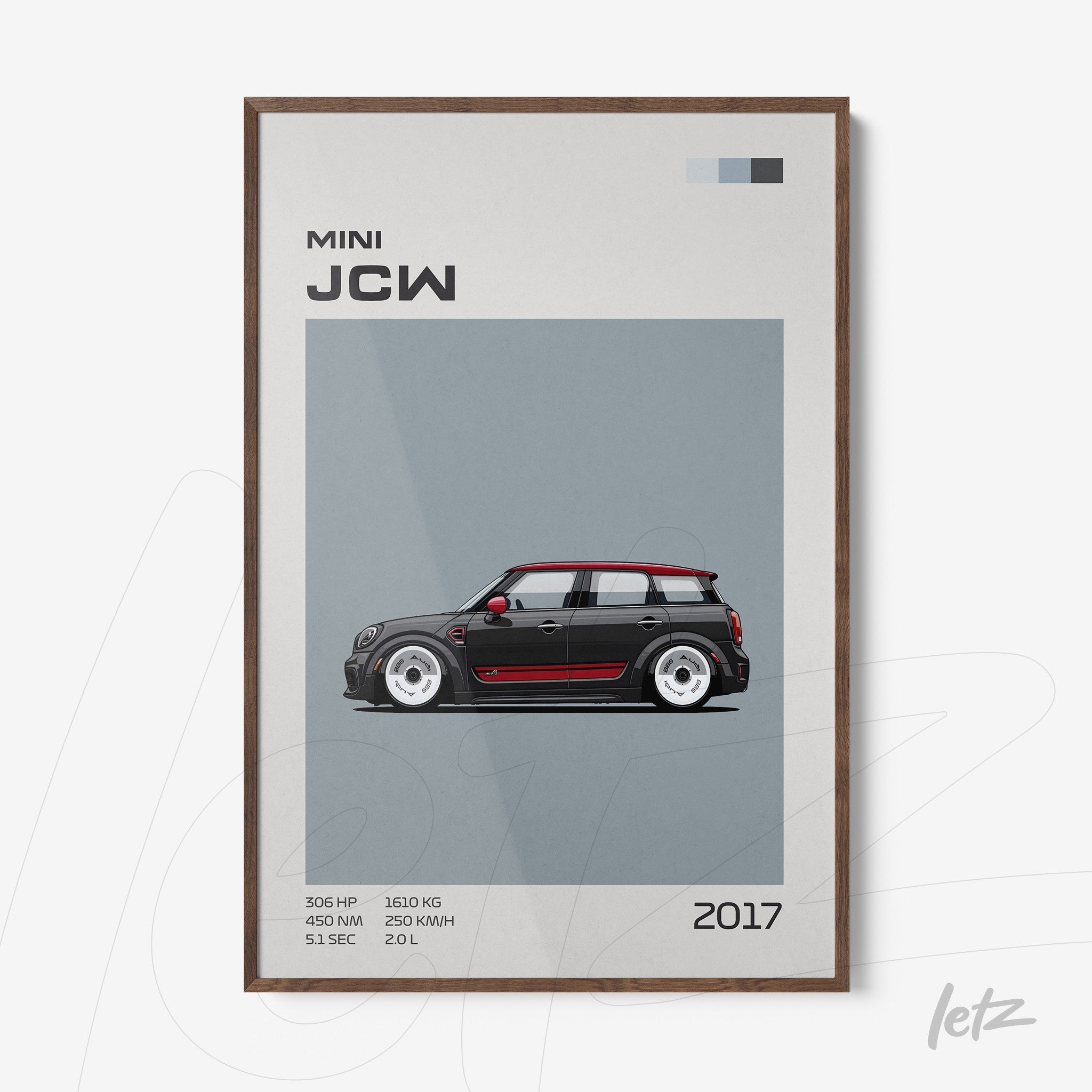 digital wall art of the 2017 Mini JCW car in gray background featuring black and red details with a dark wood frame