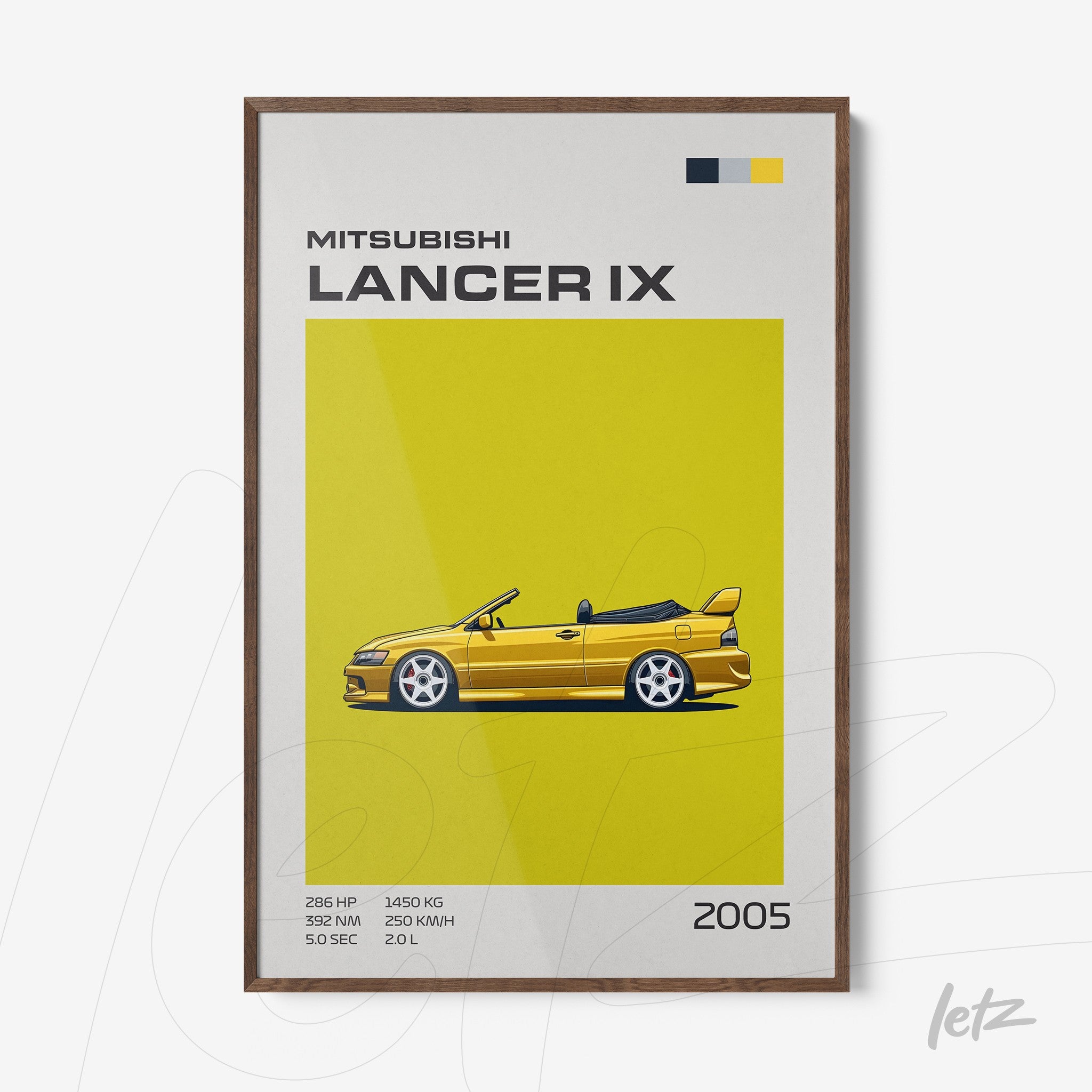 framed art featuring a stylized illustration of a yellow Mitsubishi Lancer IX on a white background, with dark wooden frame and technical details below