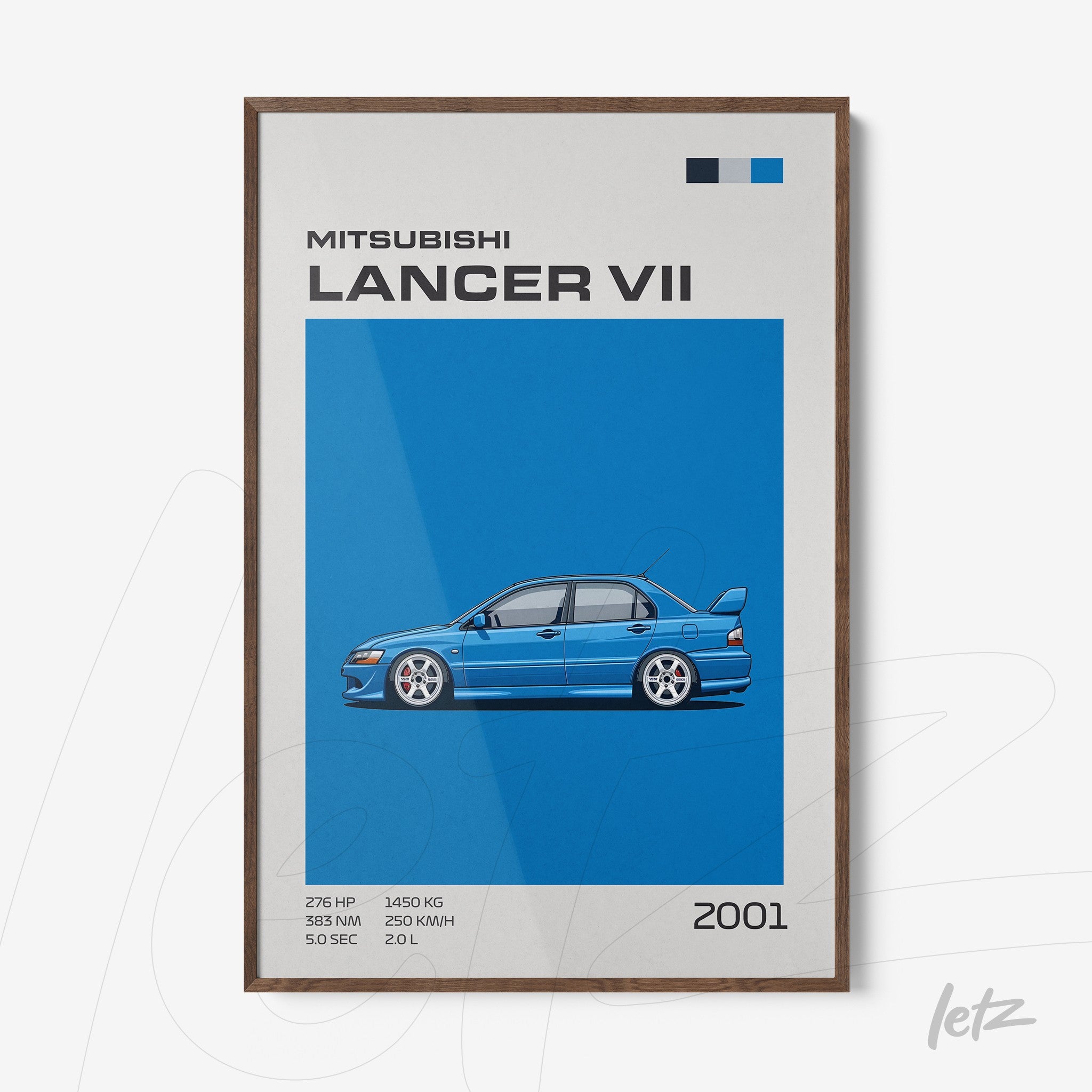 framed art featuring a detailed illustration of Mitsubishi Lancer VII on blue background with dark wood frame
