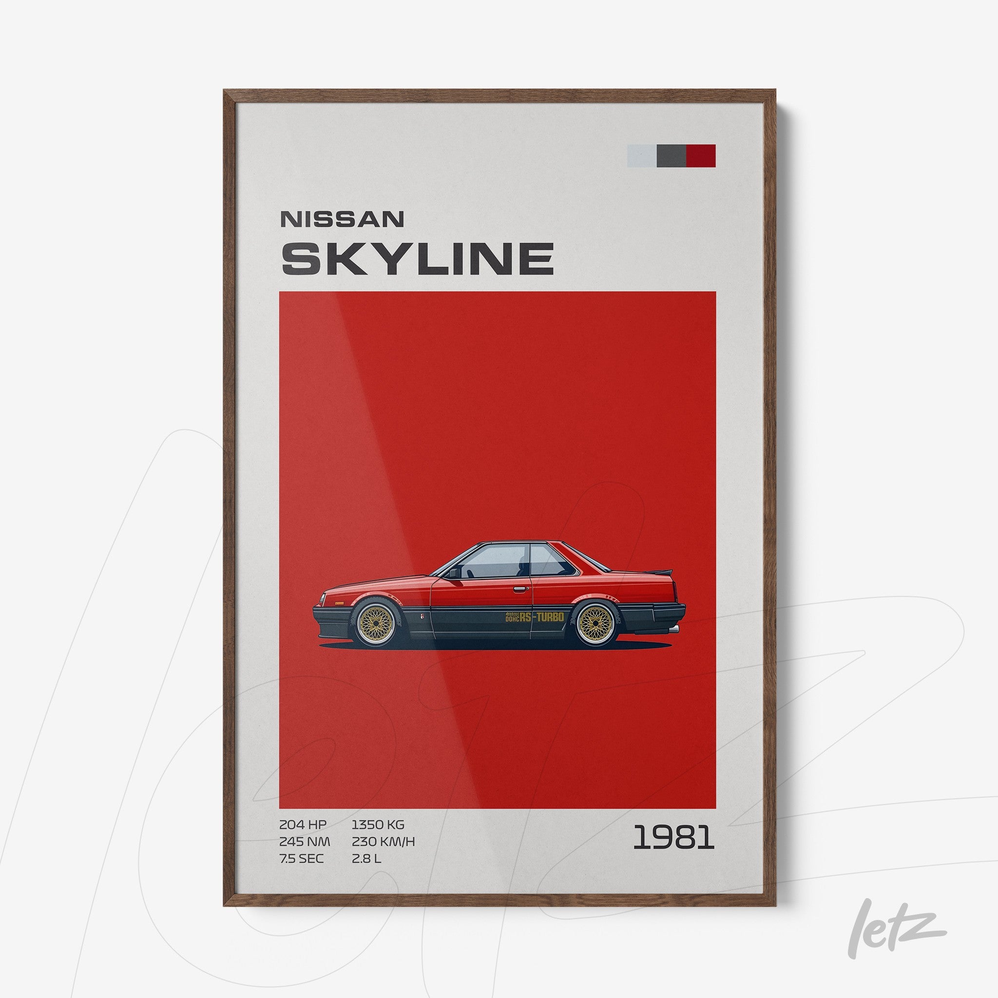 framed art featuring 1981 Nissan Skyline illustration on red background with dark wood frame