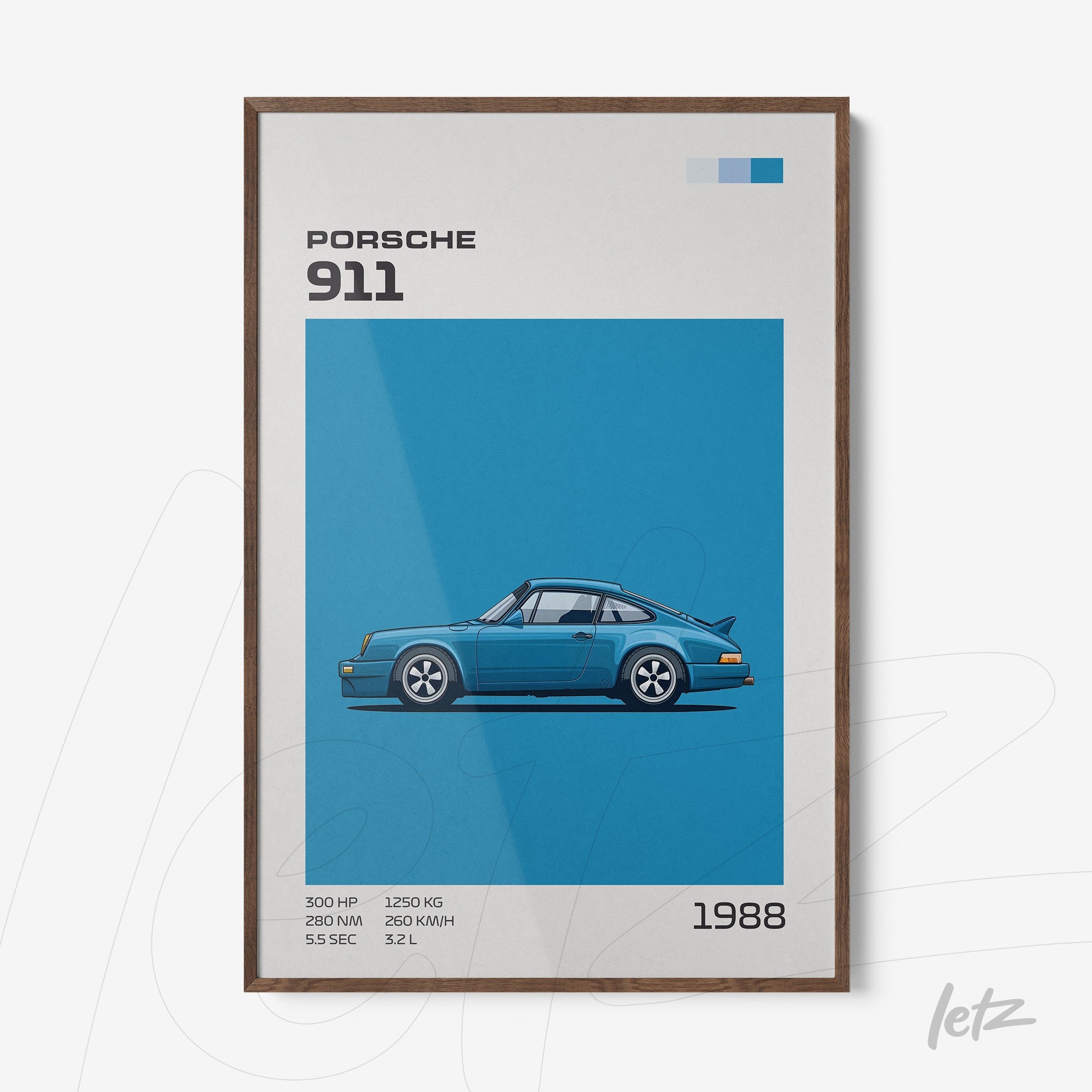 framed artwork featuring a blue illustration of a Porsche 911 on a light background with a dark wood frame