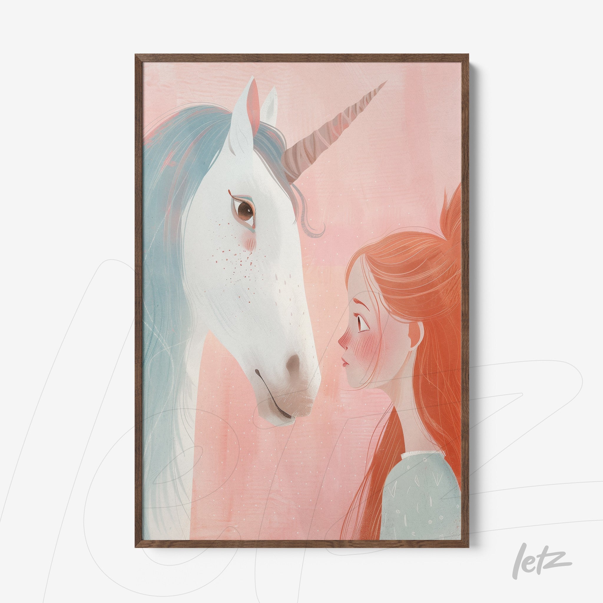 framed artwork featuring a girl and a unicorn with a pastel pink background and soft color palette