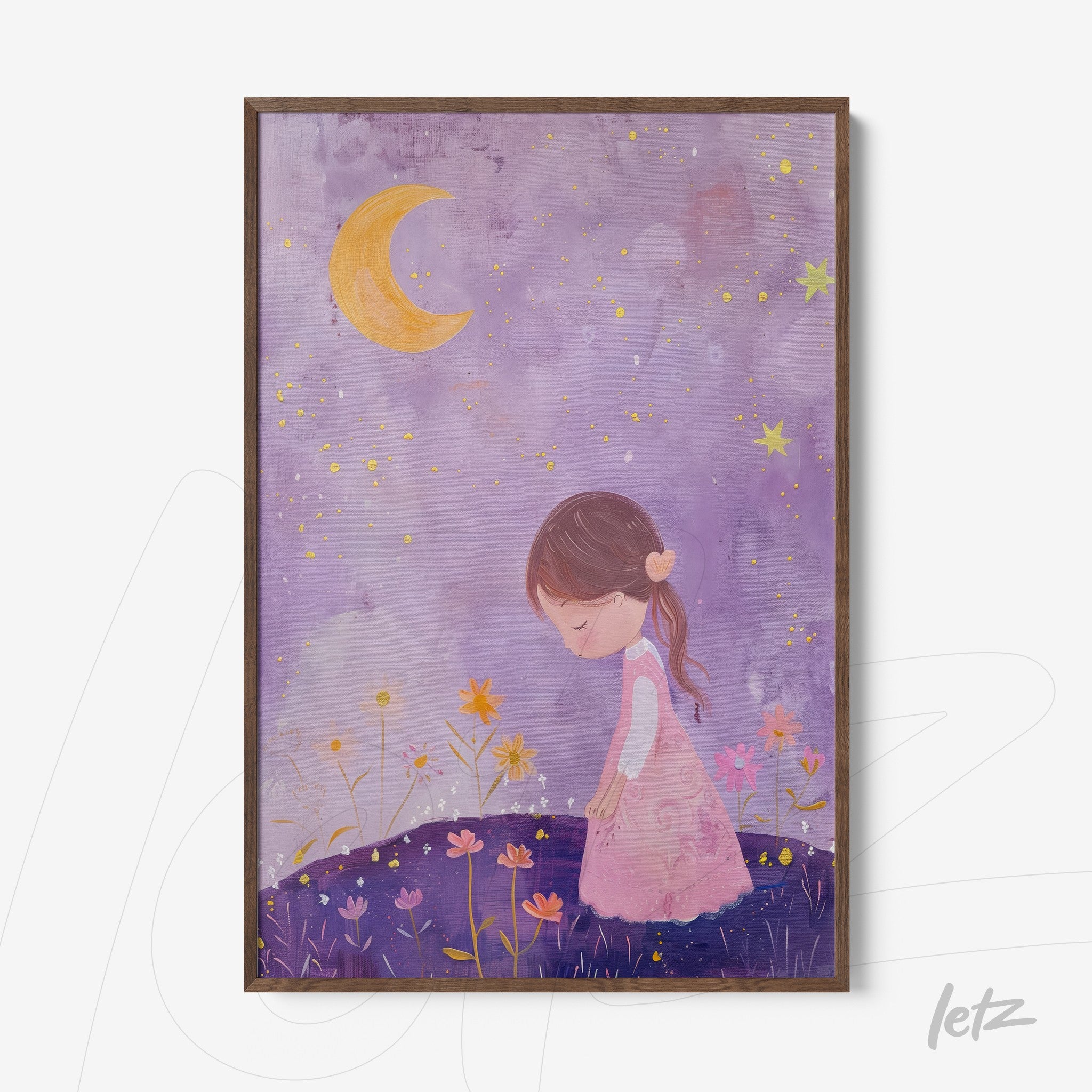 framed wall art of a young girl in a pink dress in a nighttime setting with a crescent moon and colorful flowers