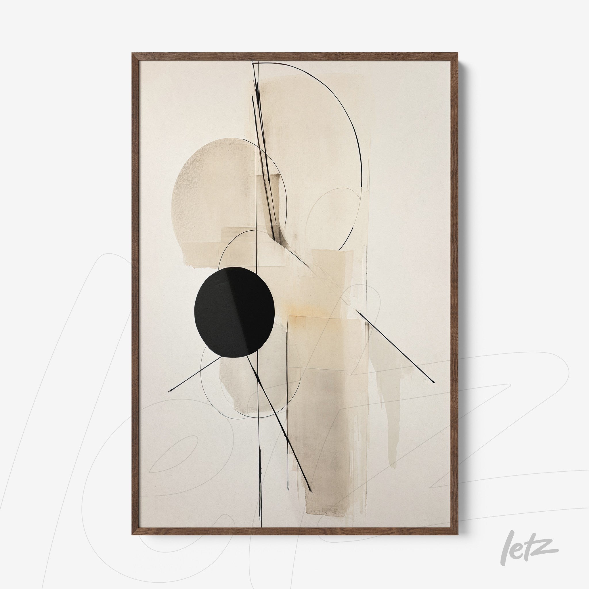 abstract wall art in neutral tones featuring geometric shapes with light wood frame