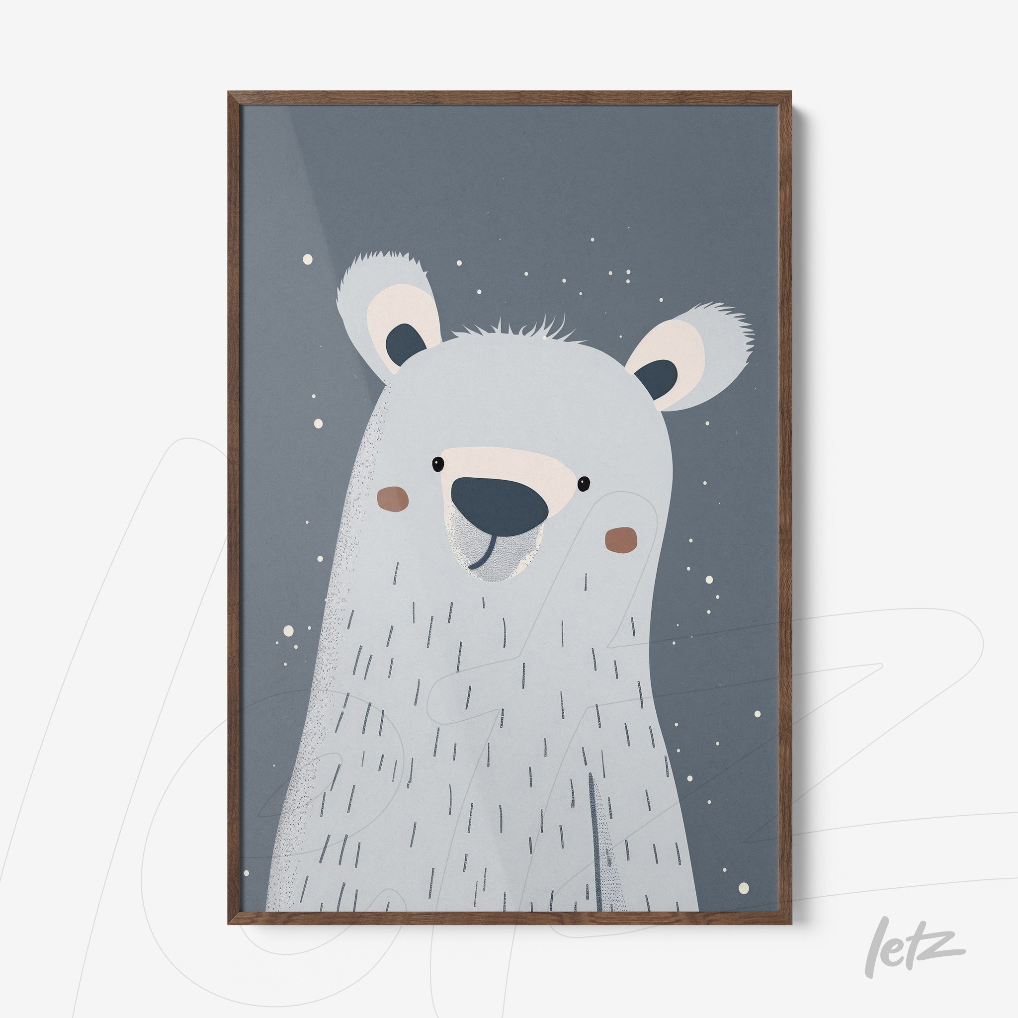 stylized polar bear art with blue background and wooden frame