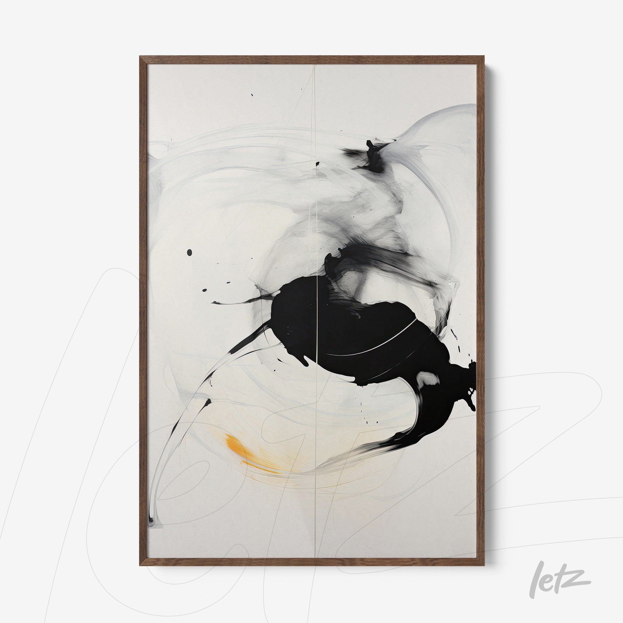 abstract artwork with black and yellow brush strokes on a light background in a dark wood frame