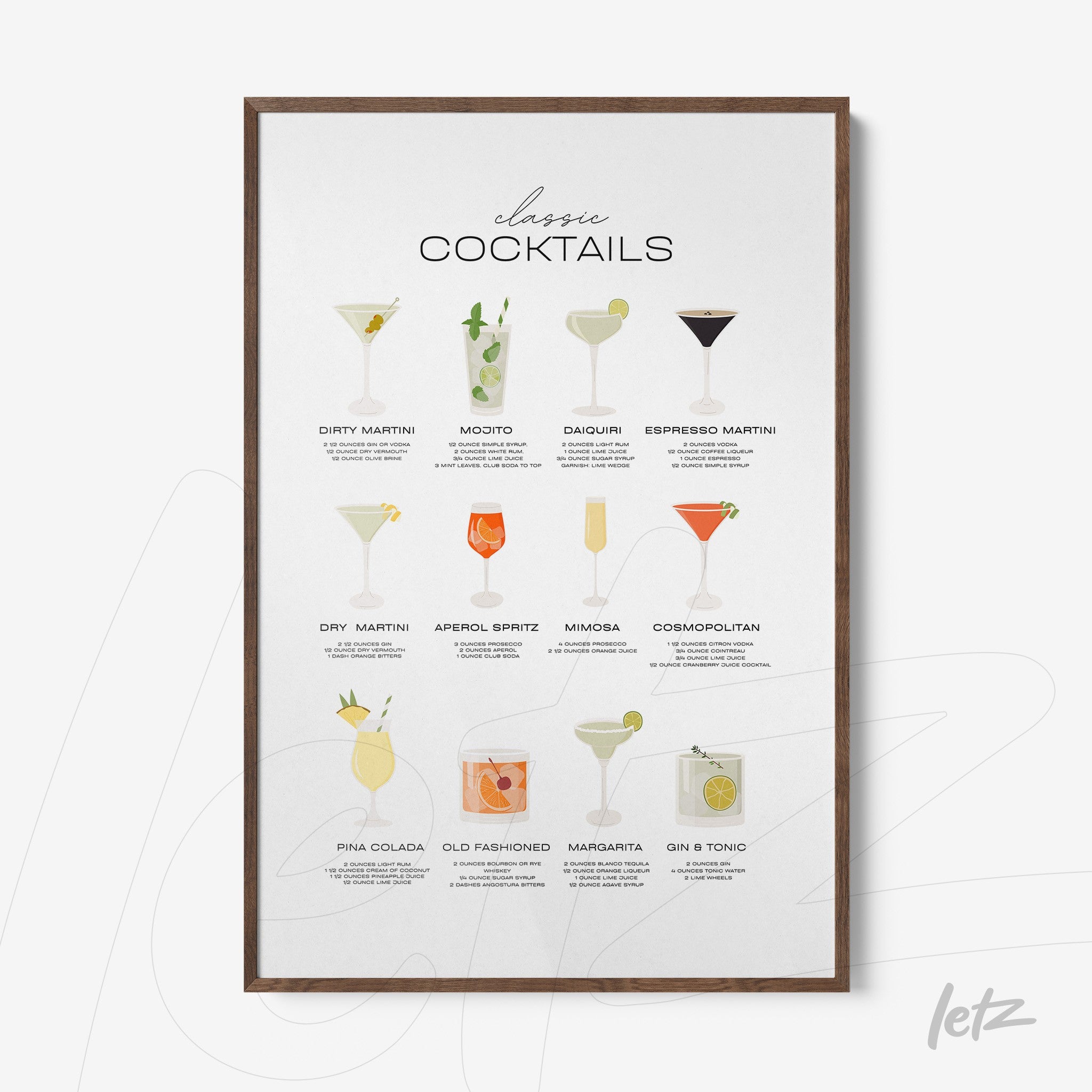 framed wall art featuring illustrations of classic cocktails with dark wood frame