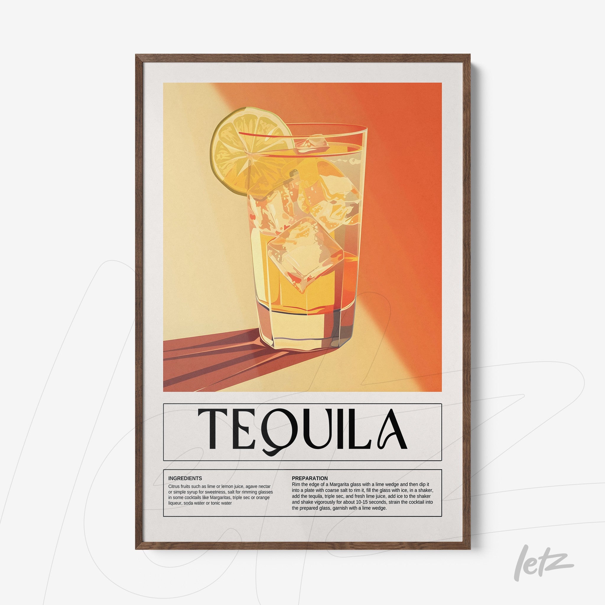 vintage framed artwork depicting a tequila cocktail with a lemon slice and ice cubes