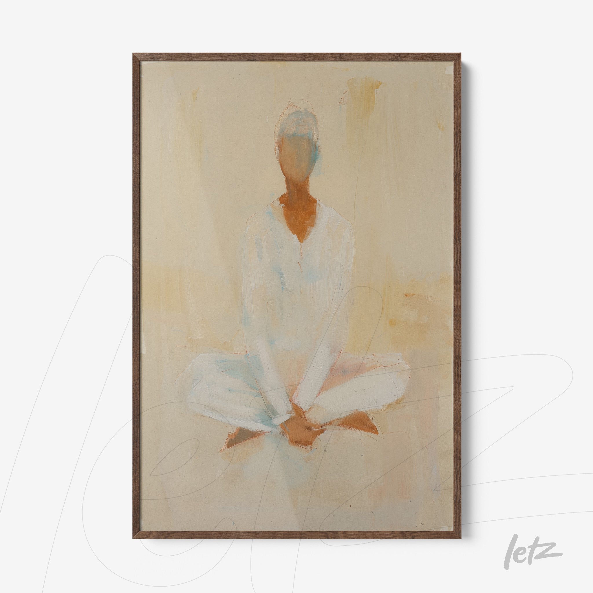 abstract wall art of a seated meditative figure in minimalist style with light wood frame