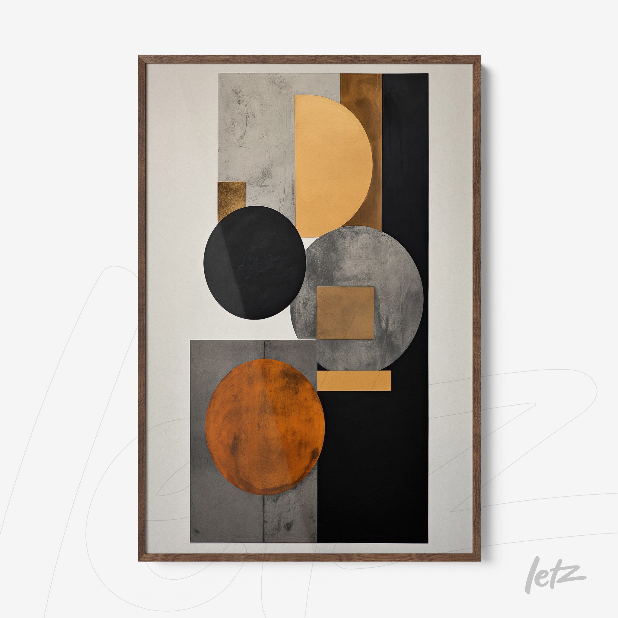 framed artwork featuring geometric shapes in shades of black, gray, and orange with a dark wooden frame