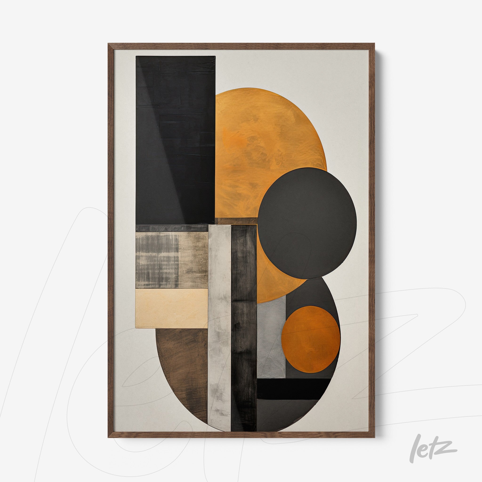 abstract artwork in black, orange, and gray with a light wood frame