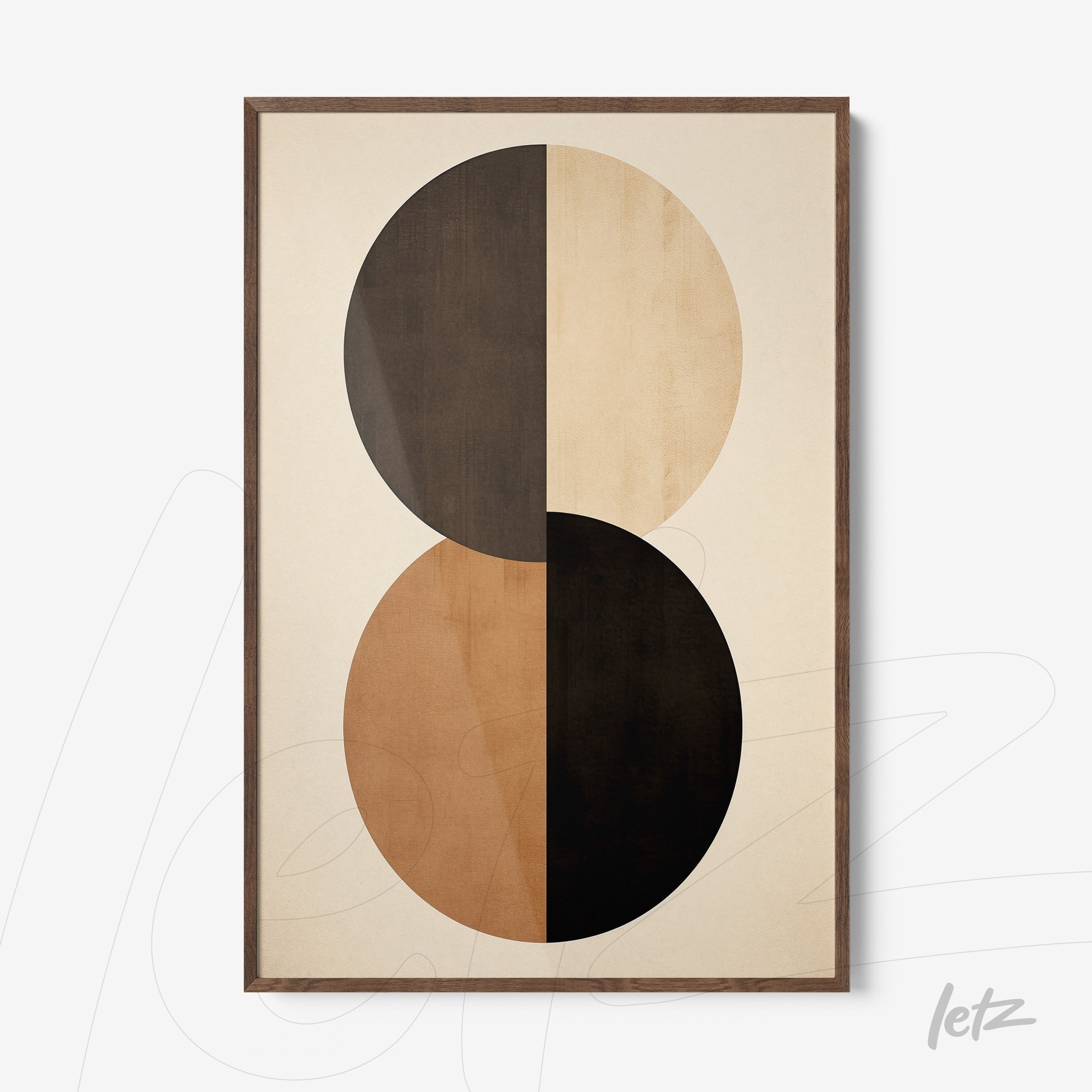 framed abstract art featuring earthy toned circles with dark wooden frame