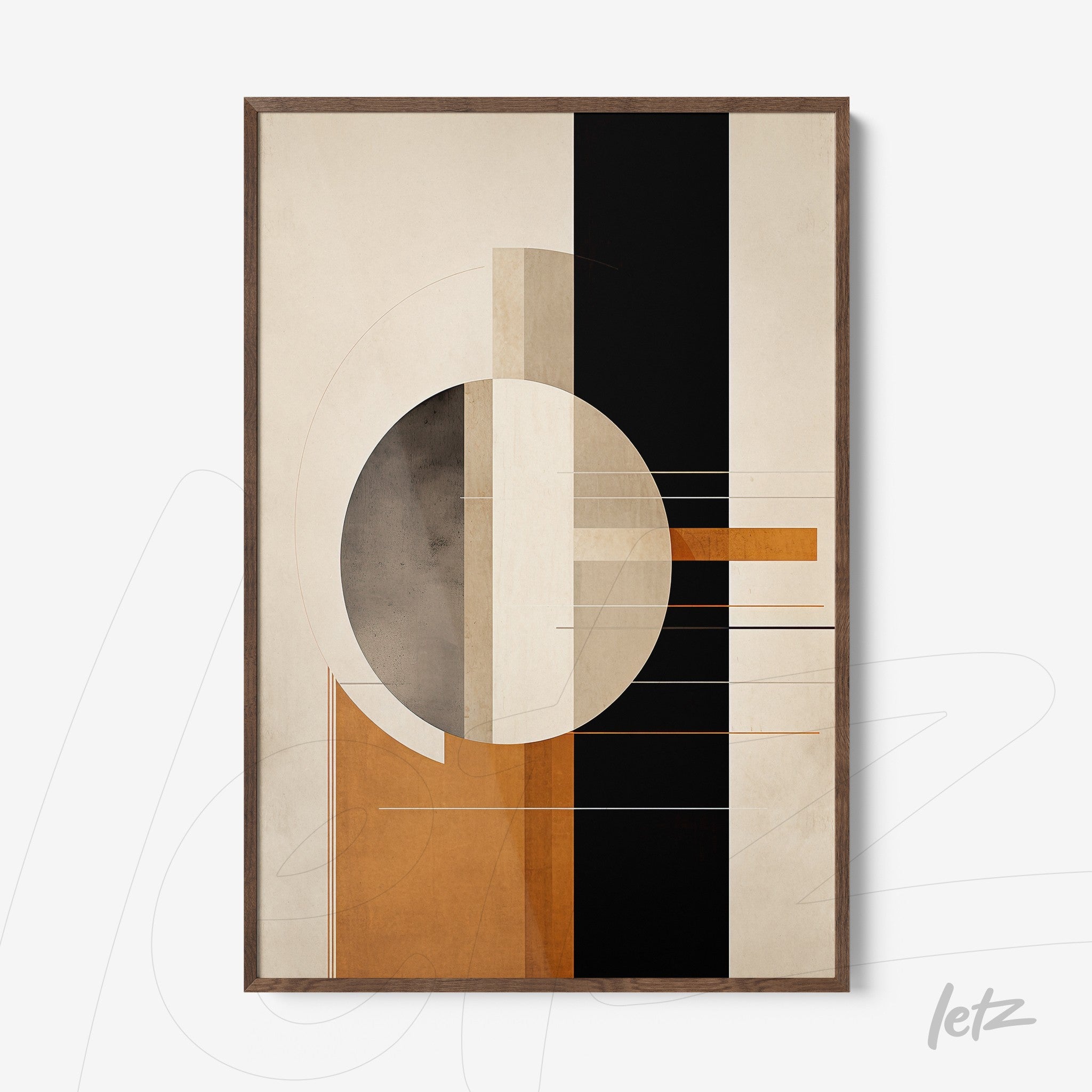 decorative wall art featuring geometric design in earthy tones and black, framed in light wood