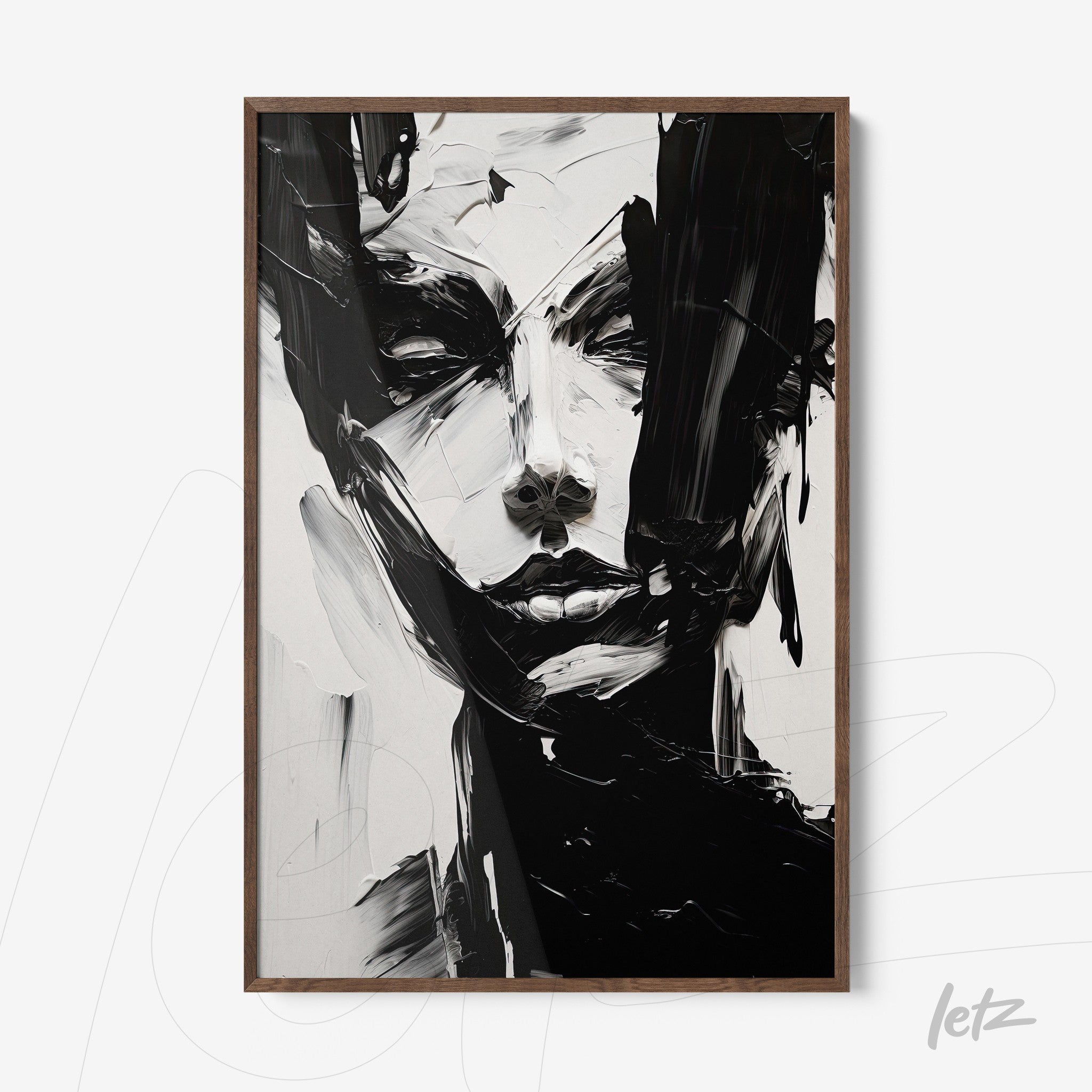framed abstract portrait in black and white with rich paint texture and light wood frame