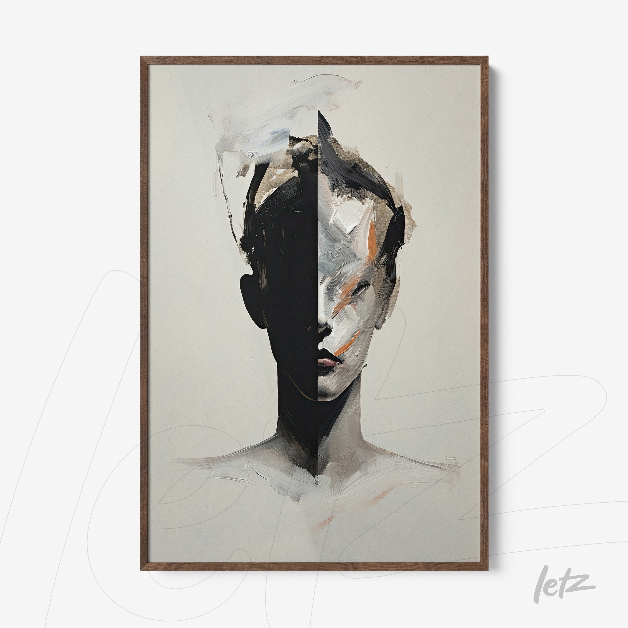 abstract artwork of a divided face in neutral tones, framed in dark wood