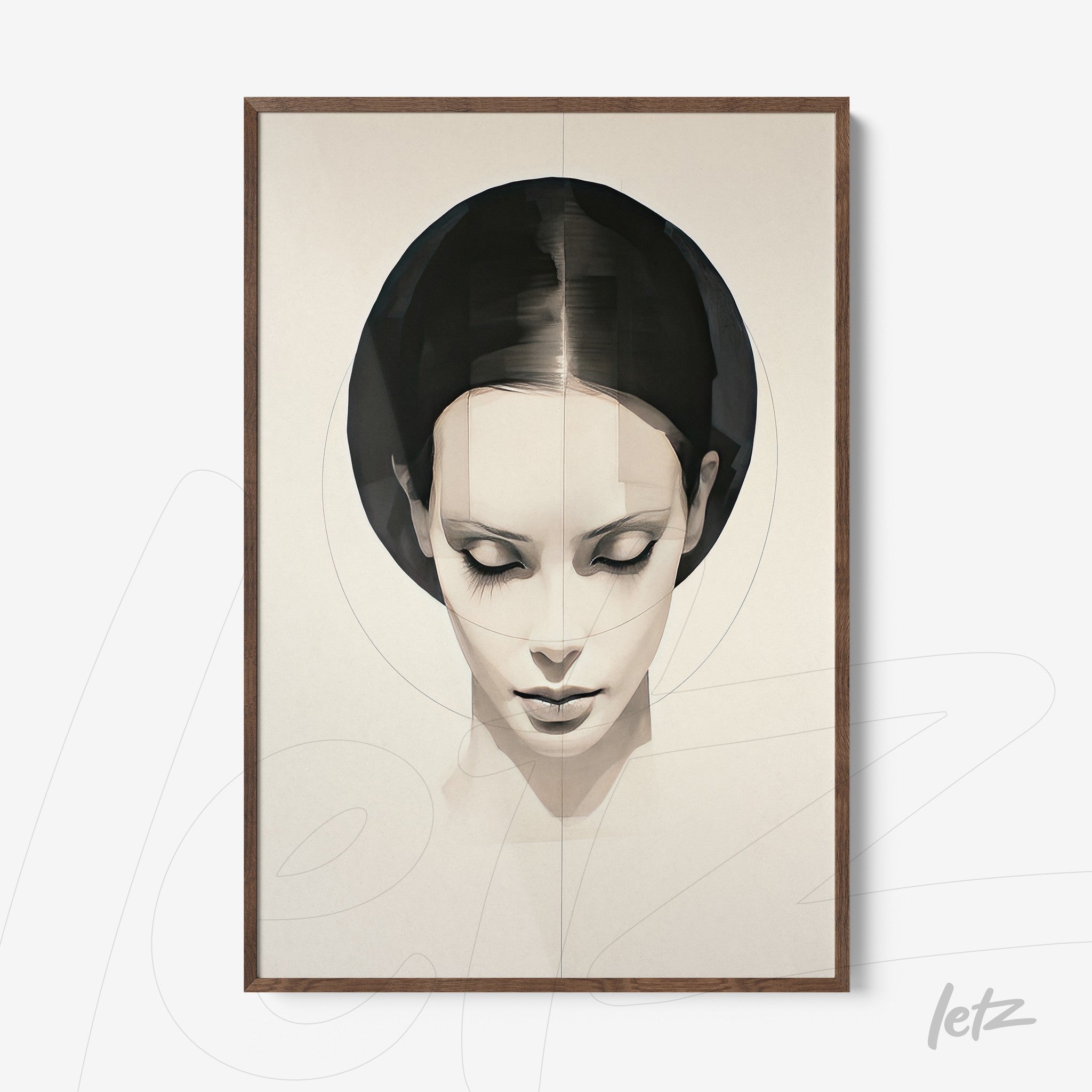 framed contemporary art piece depicting a serene female face with a light wood frame