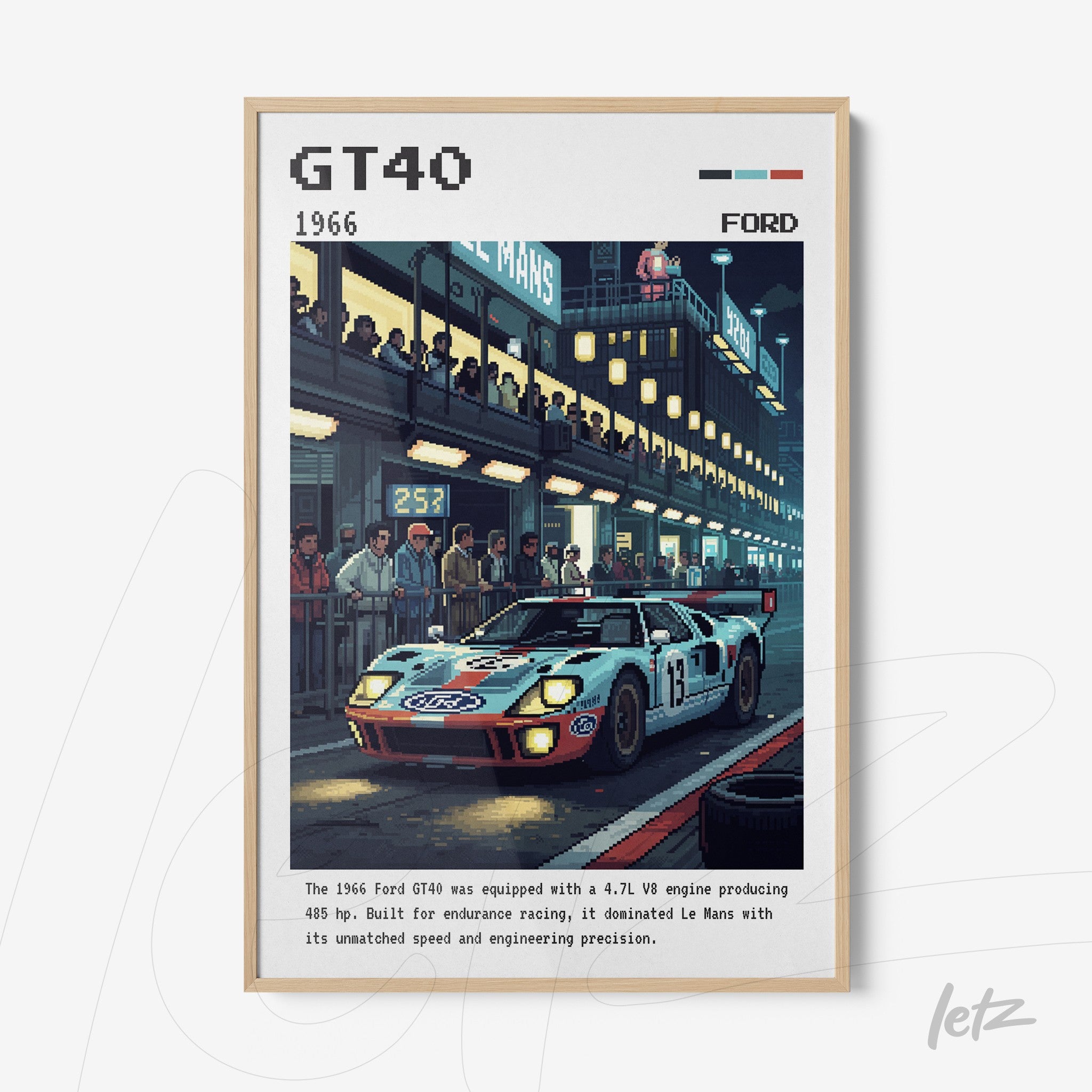 framed artwork featuring the ford gt40 in a nighttime racing scene with spectators and illuminated track