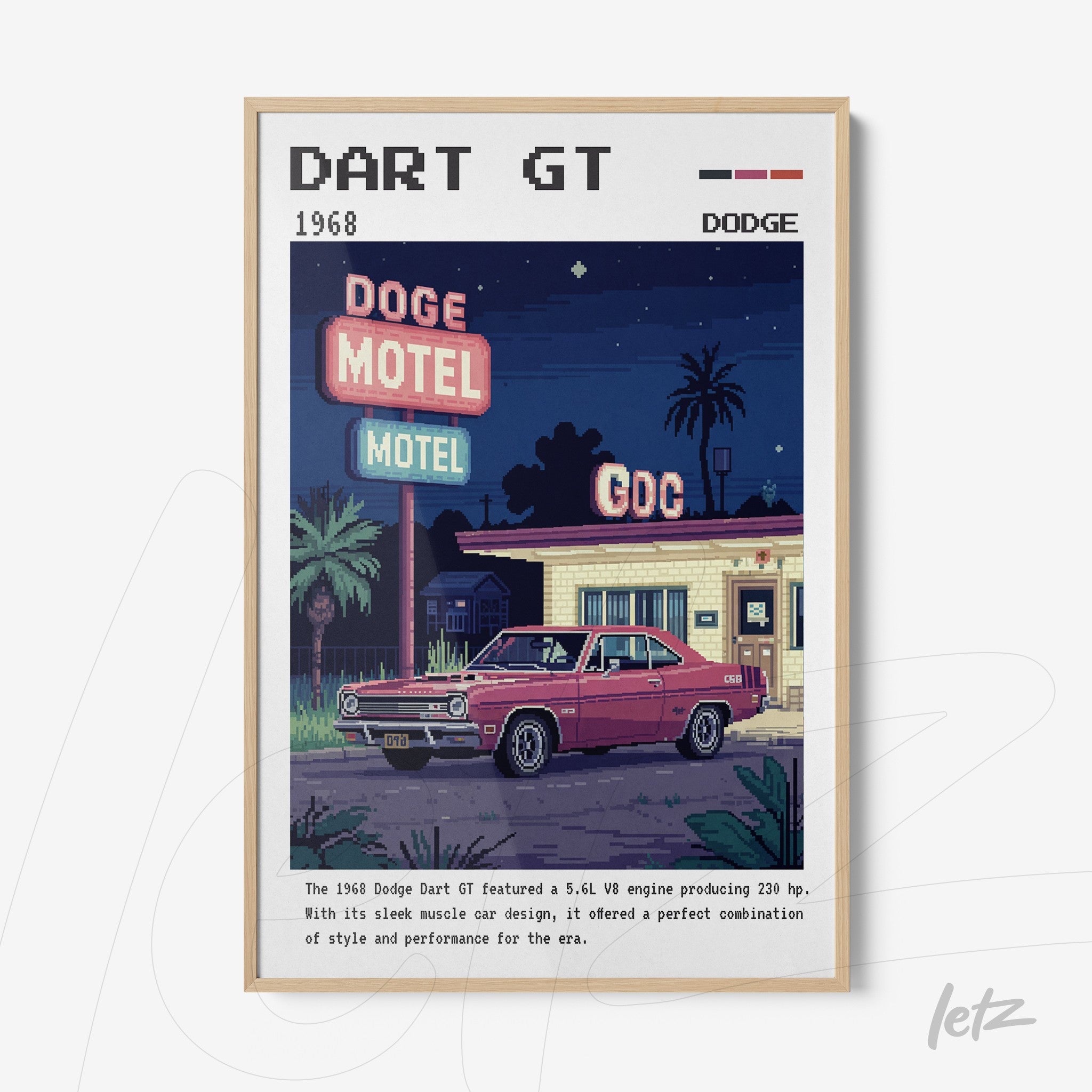 framed digital art of a 1968 dodge dart gt in retro style with vintage motel details in the background