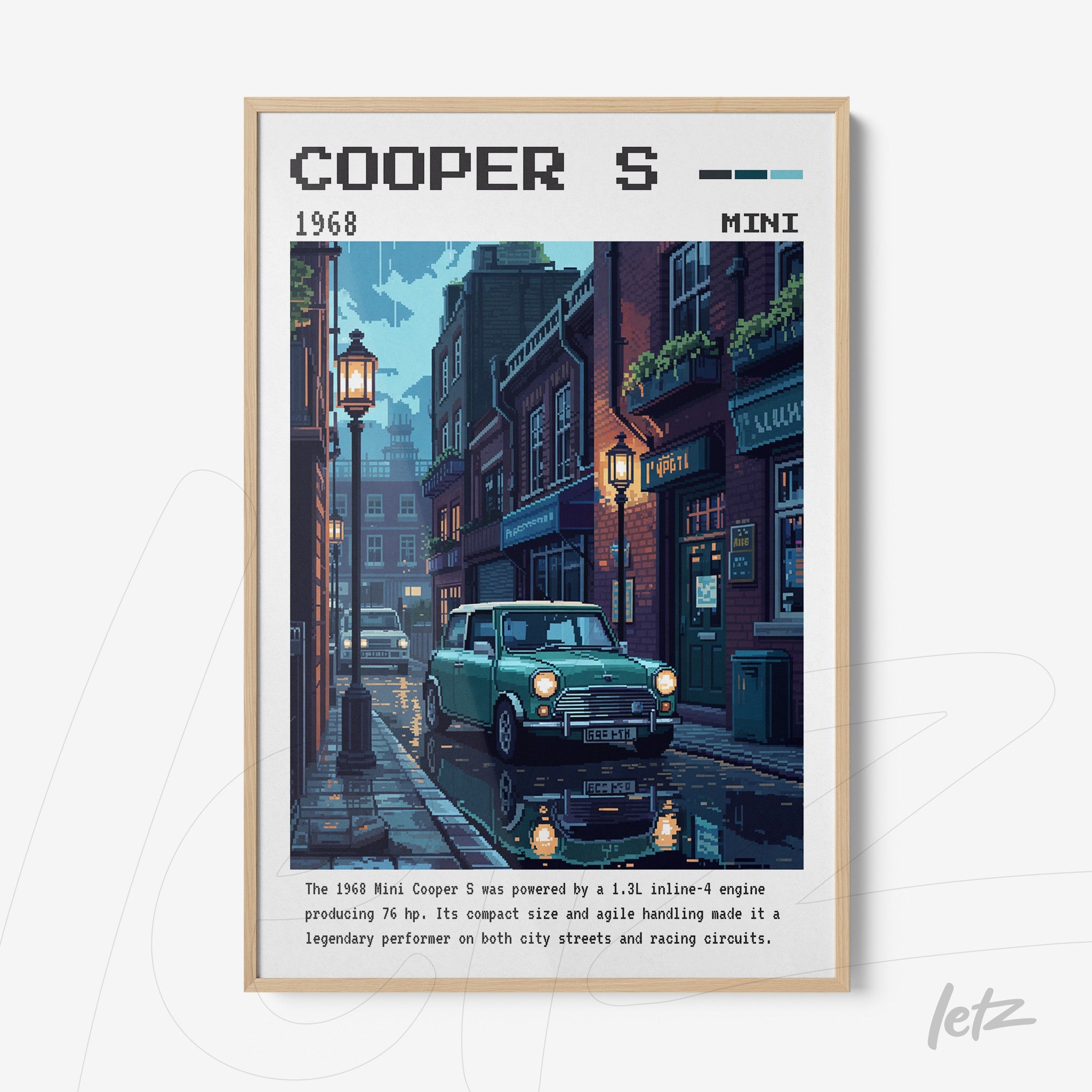 framed pixel art featuring a 1968 Mini Cooper S on a cobblestone street illuminated by street lamps