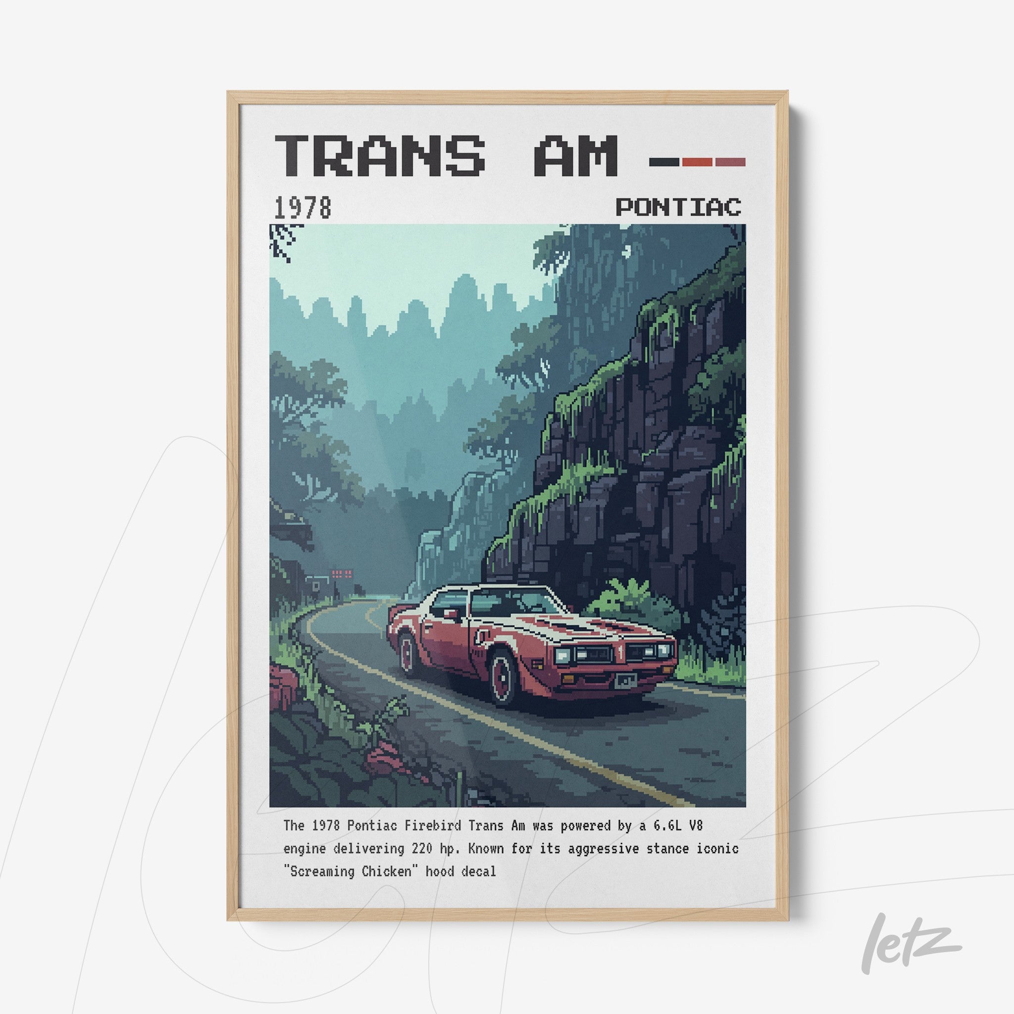 framed digital art of a stylized sports car Trans Am with a light wood frame and mountainous landscape in the background