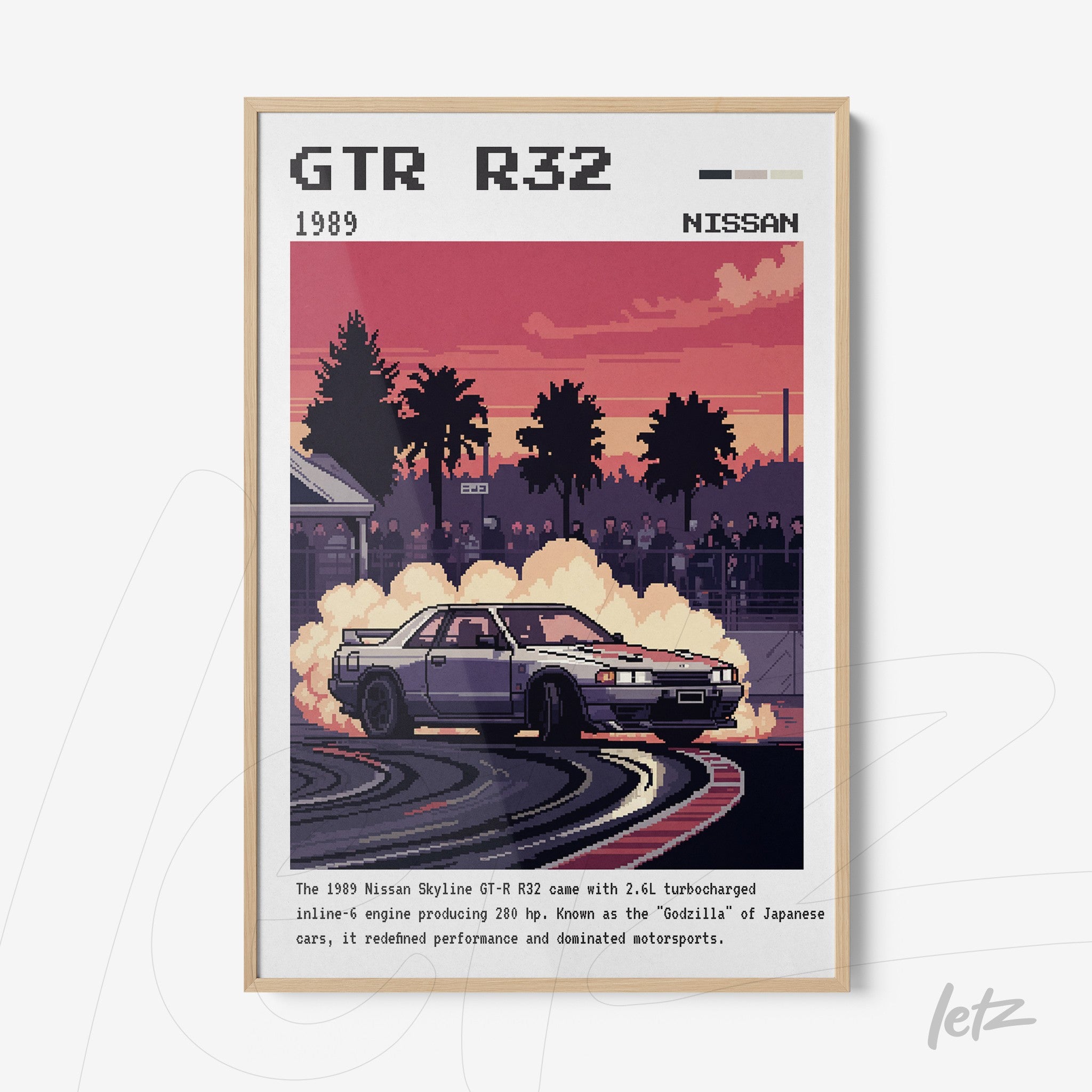 framed digital art of Nissan Skyline GT-R R32 sports car with nostalgic background