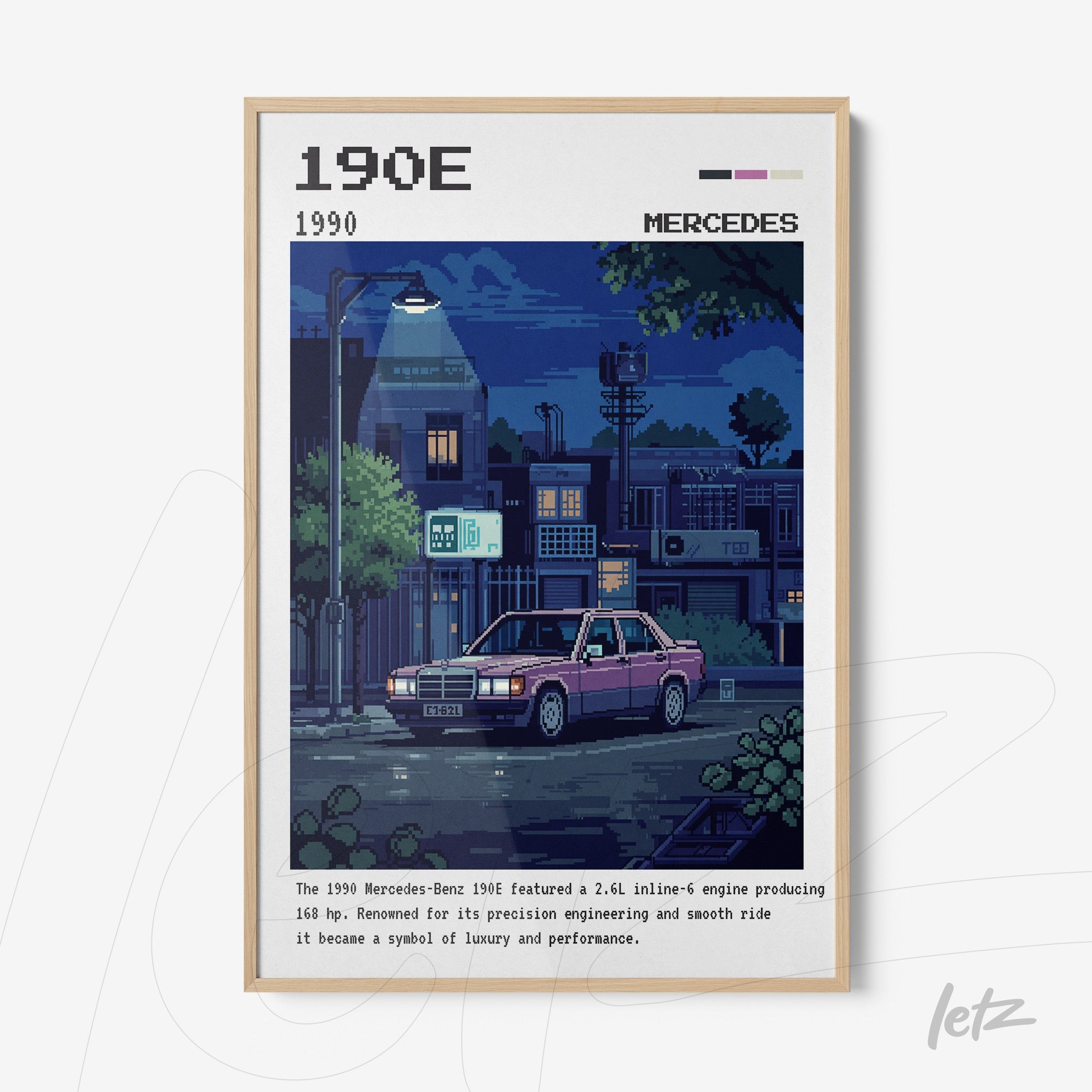 pixel art print of a Mercedes-Benz 190E parked on a street illuminated by streetlights at night with a light wood frame