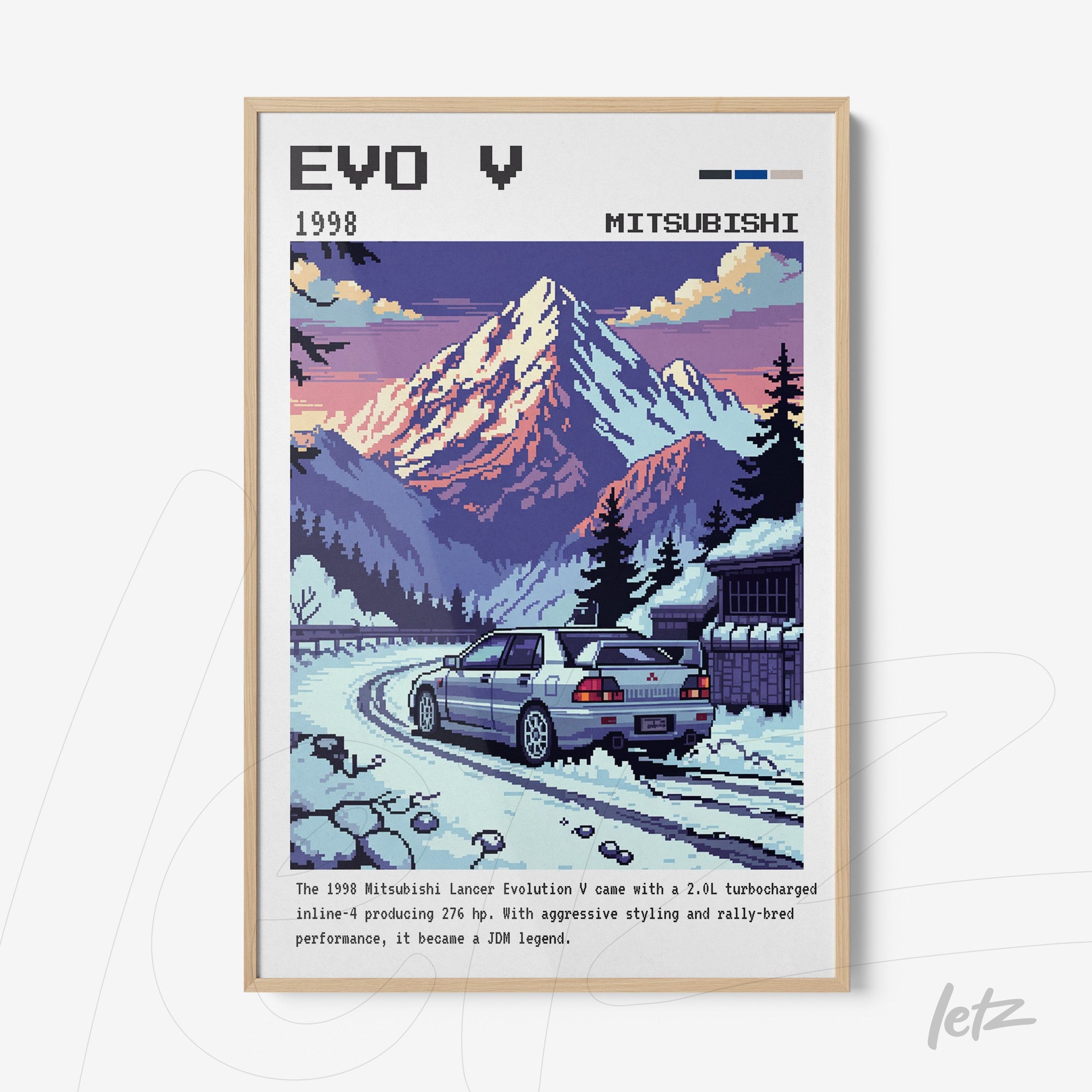 pixel art print of Mitsubishi Lancer Evolution V along a mountainous landscape at sunset with light wood frame
