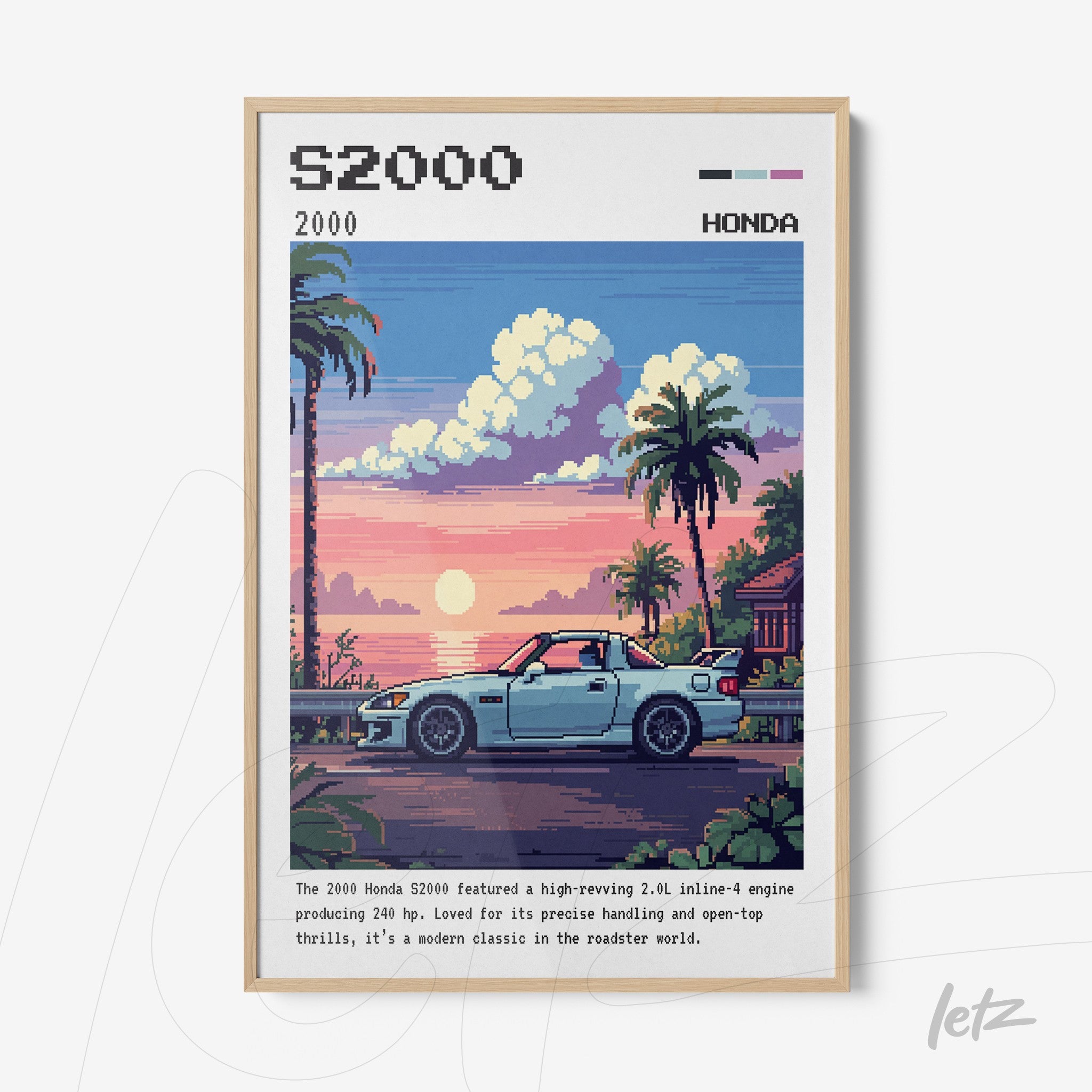 framed pixel art of Honda S2000 car against a sunset and palm trees backdrop