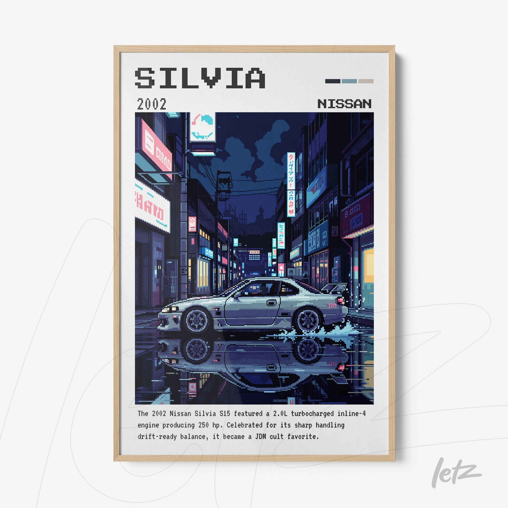framed digital artwork of Nissan Silvia in a nighttime urban scene featuring neon lights