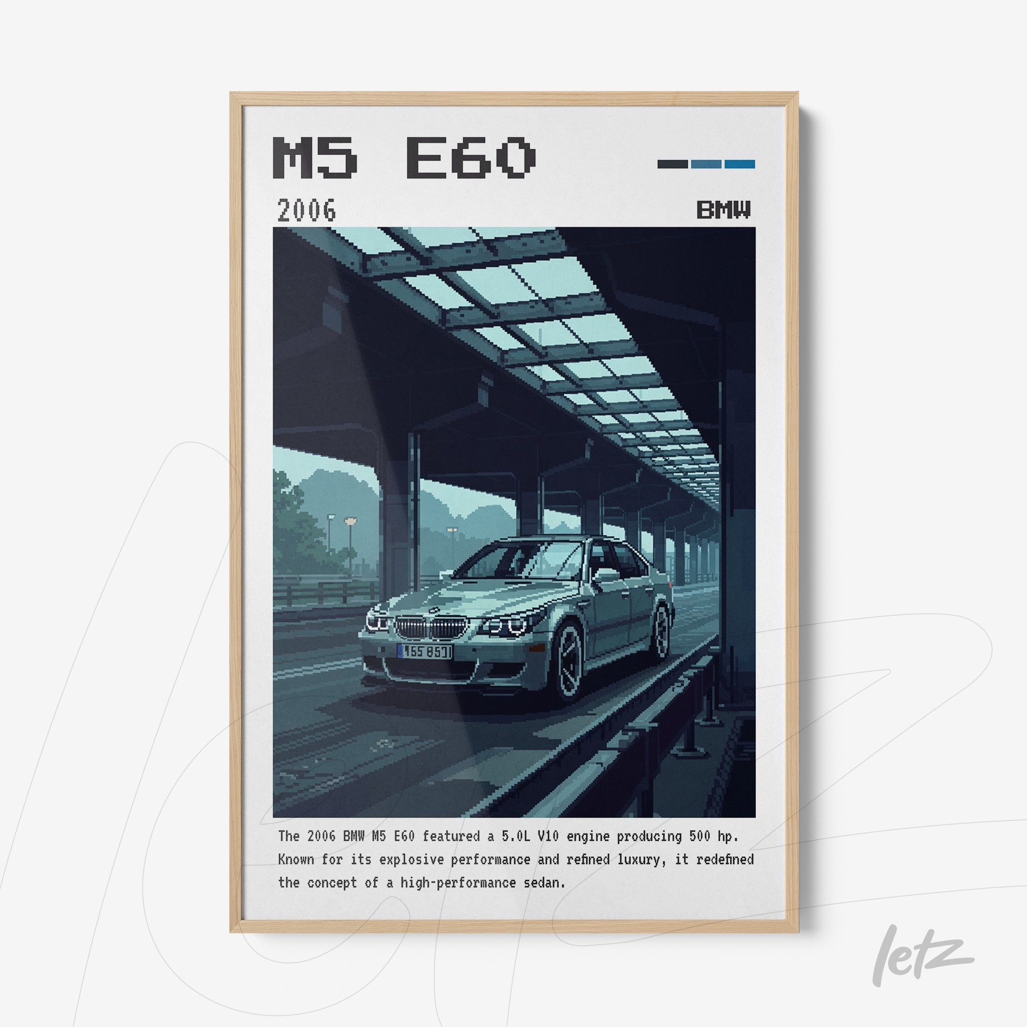 framed digital art of BMW M5 E60 on a highway with blue and green tones