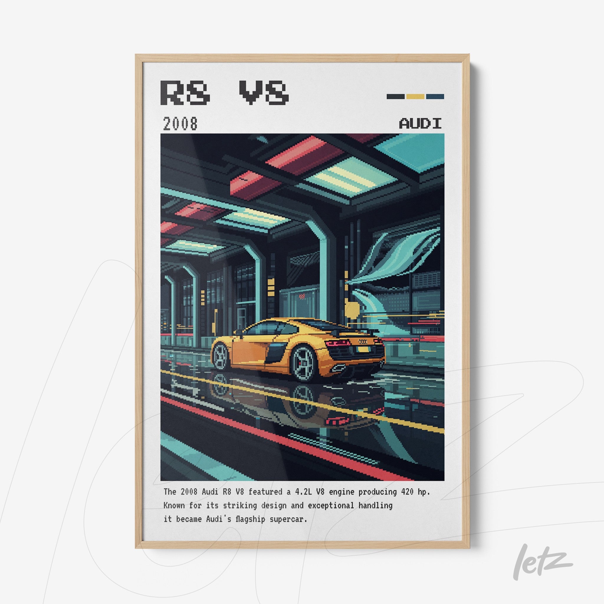 framed digital art of a vibrant Audi R8 sports car with a light frame