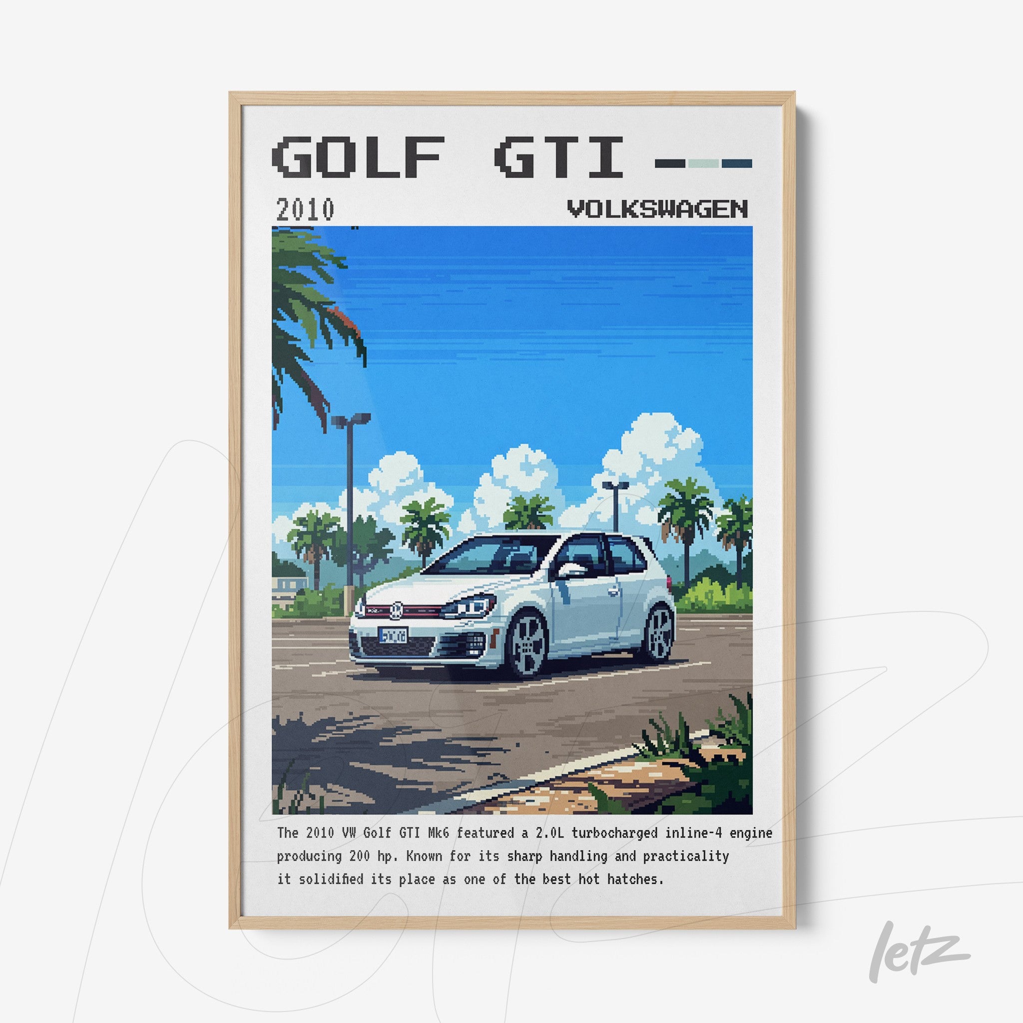 pixel art framed wall art featuring a 2010 Volkswagen Golf GTI in an outdoor scene with a blue sky