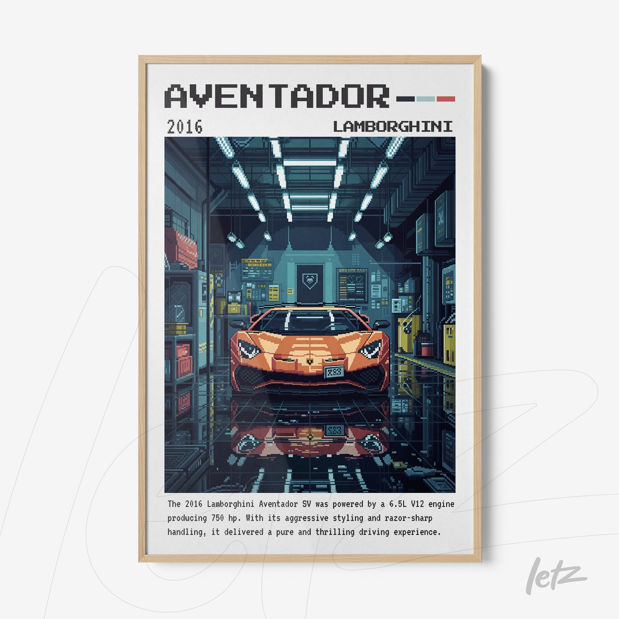 framed digital art depicting the lamborghini aventador in a garage setting, with dark background and soft lighting emphasizing the bright orange vehicle