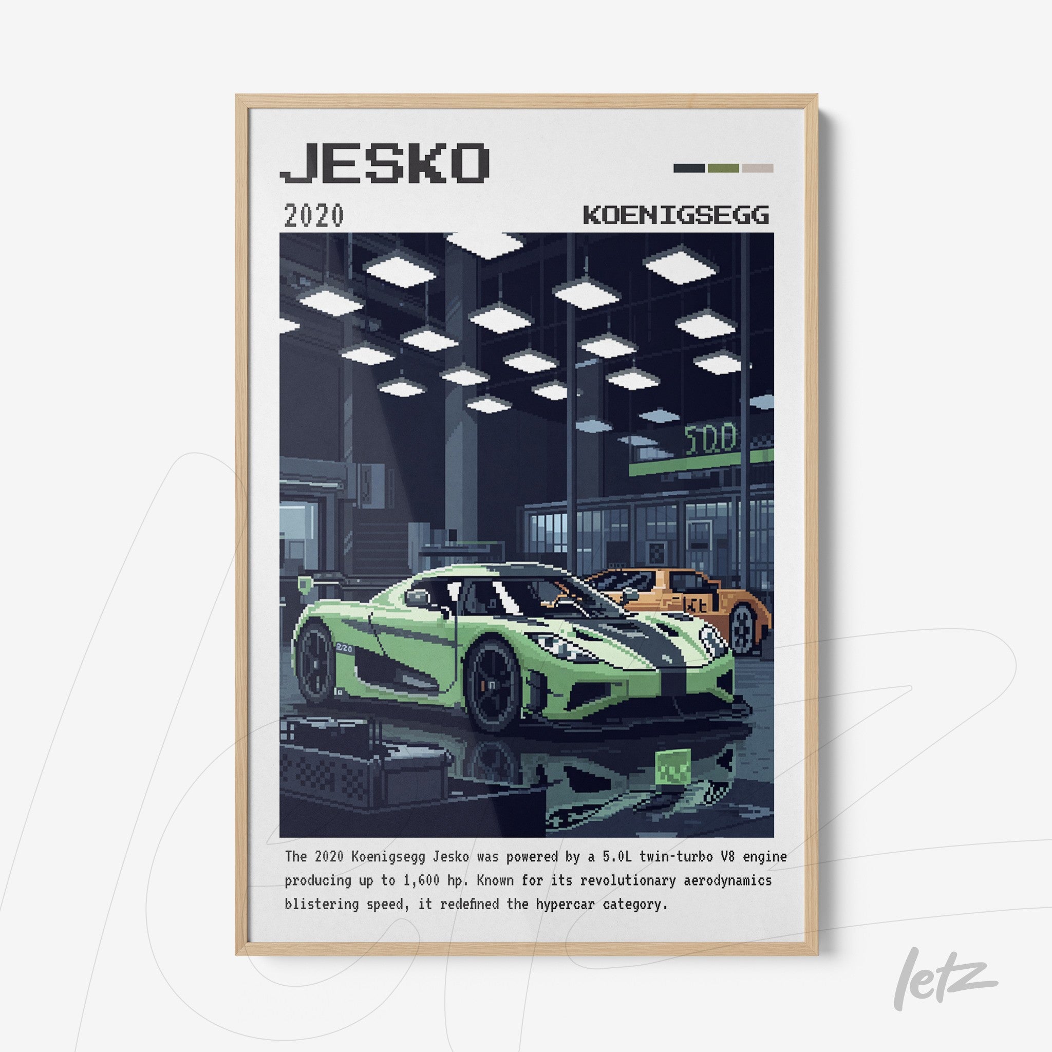 framed digital art of Koenigsegg Jesko sports car with light wood frame