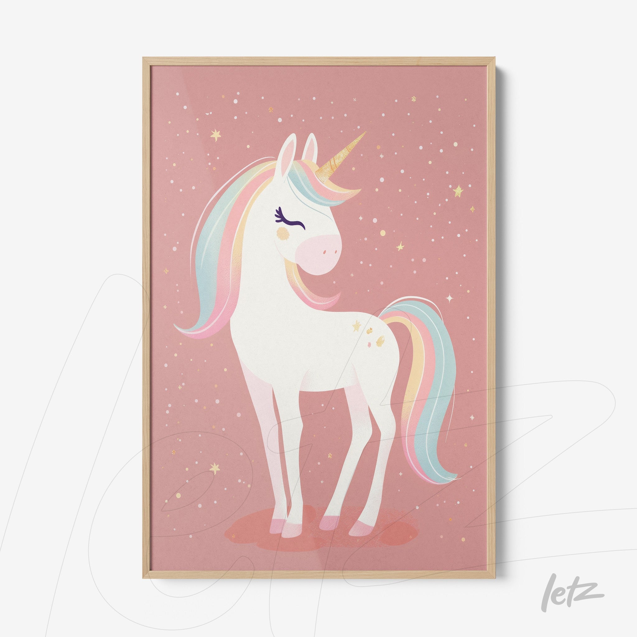 framed artwork featuring a unicorn illustration on a pink starry background with light wood frame
